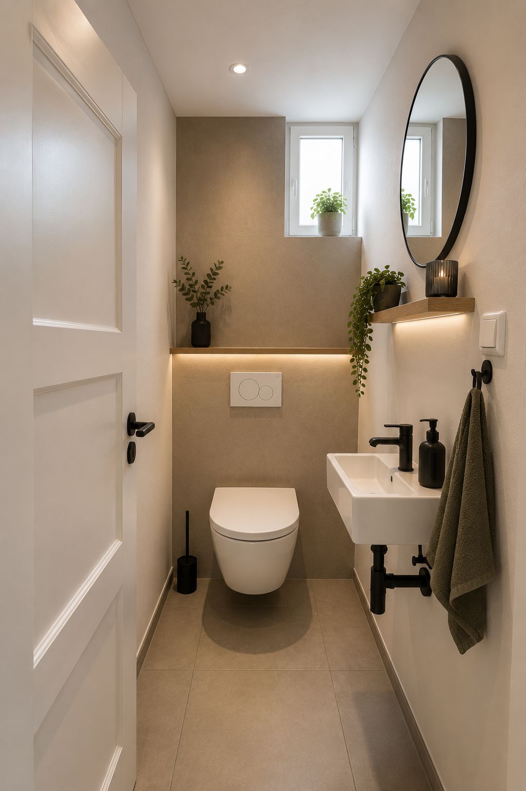 Modernes kleines Bad mit Wandtoilette, Waschbecken, Spiegel und Pflanzen.