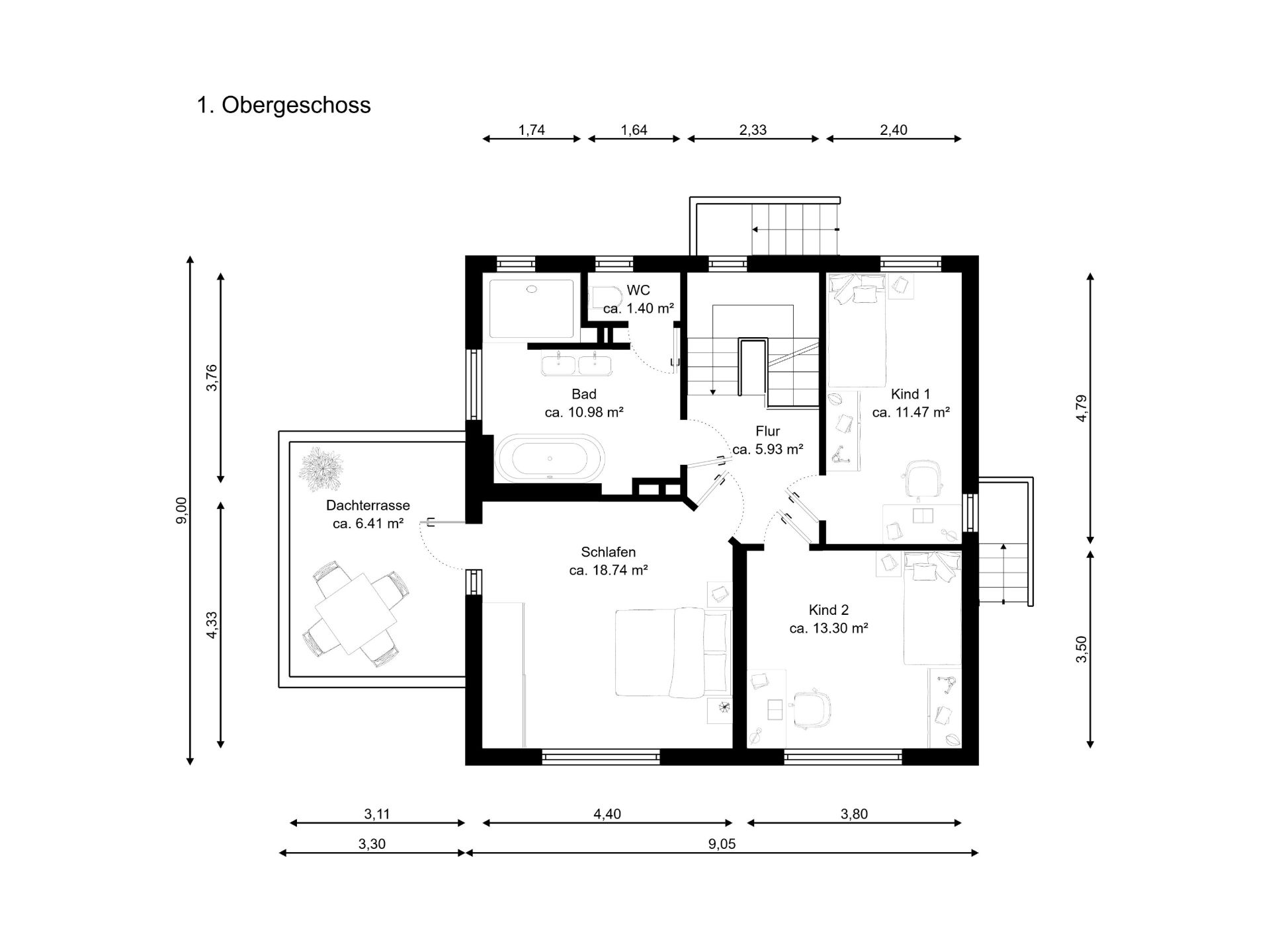 Grundriss des ersten Obergeschosses mit Schlafzimmer, zwei Kinderzimmern, Bad, WC, Flur und Dachterrasse.
