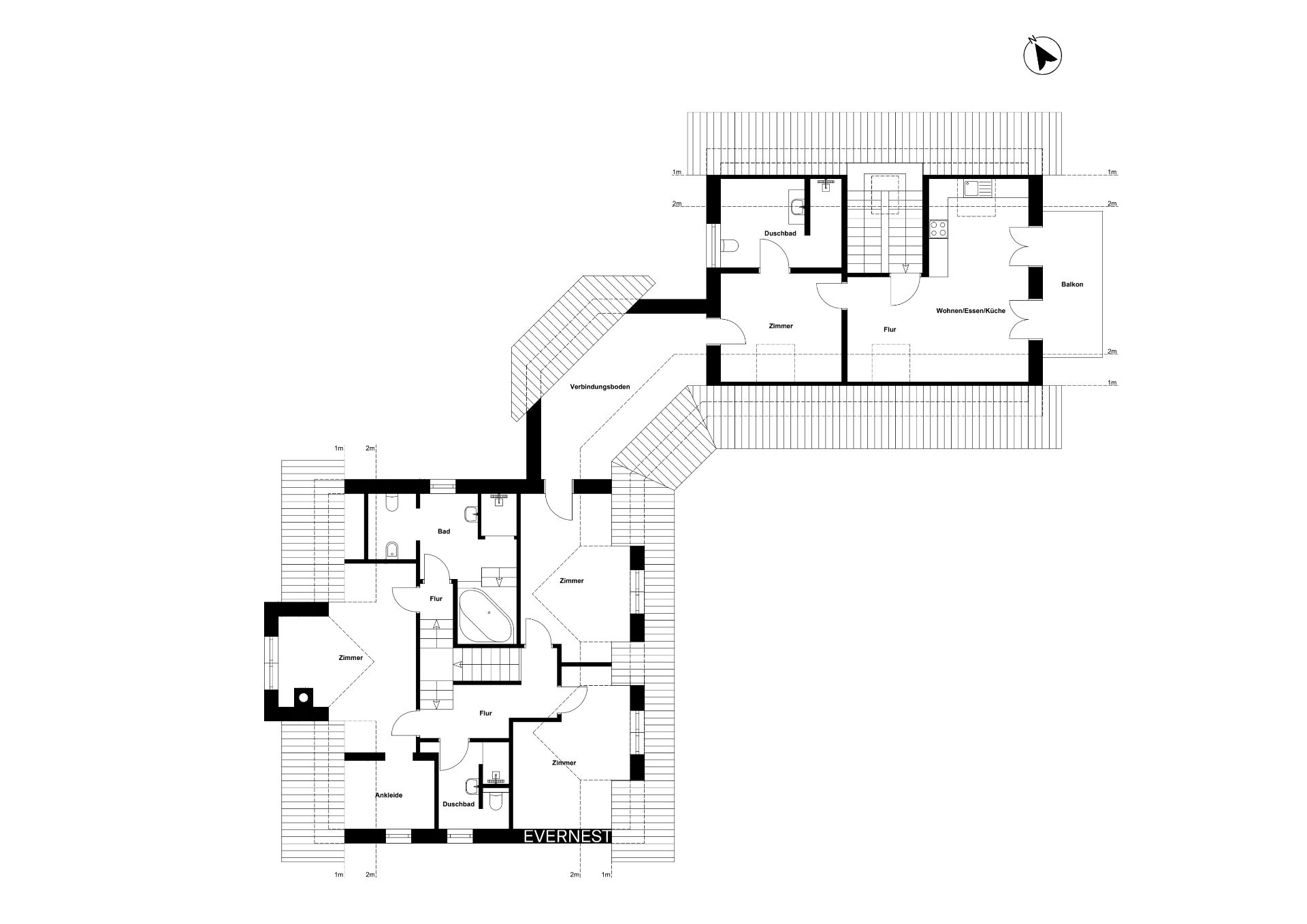 Grundriss eines Wohnhauses mit mehreren Zimmern, Fluren und Treppen.