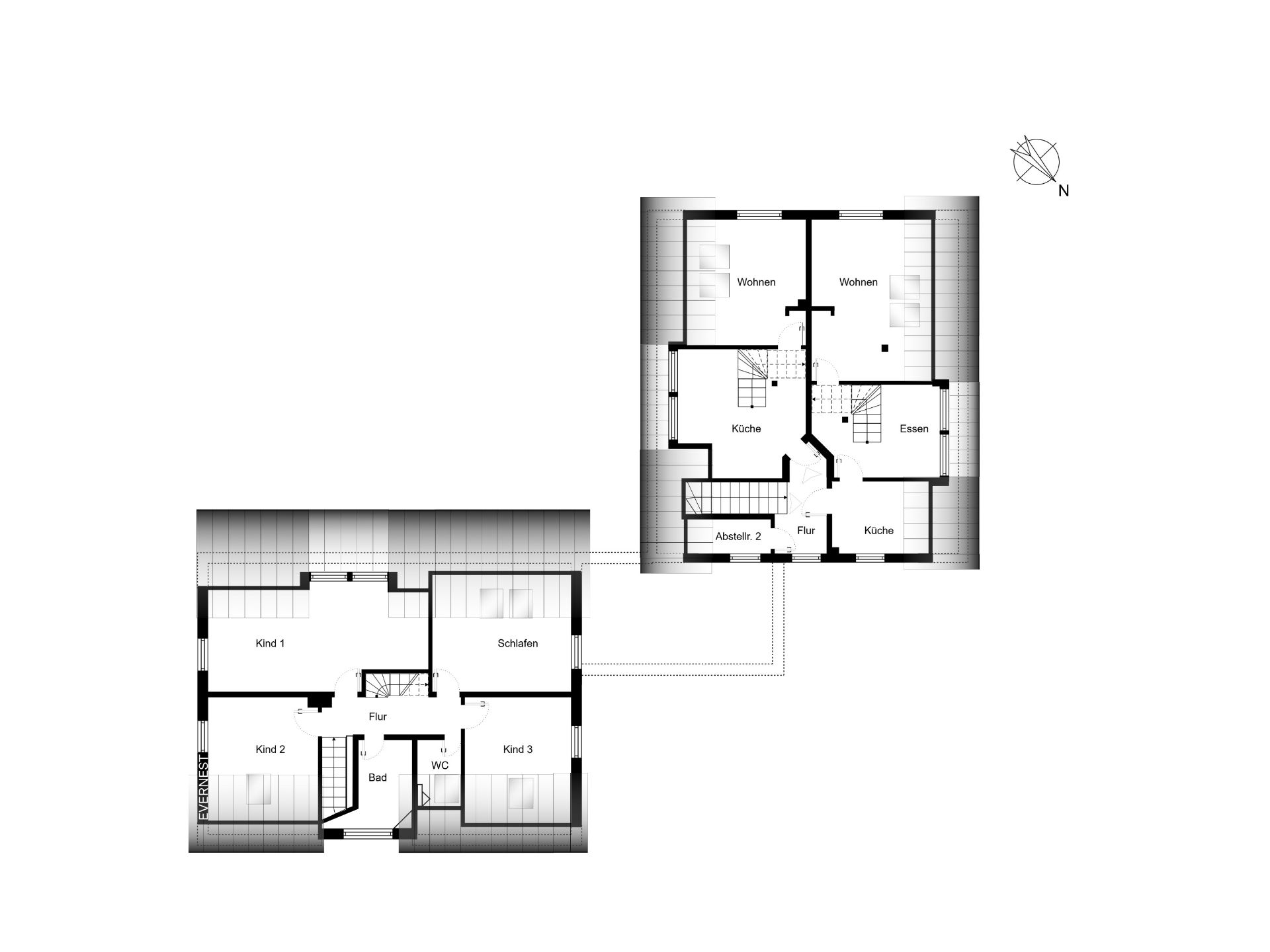 Grundriss eines Wohnhauses mit beschrifteten Zimmern und Fluren in zwei verbundenen Bereichen.