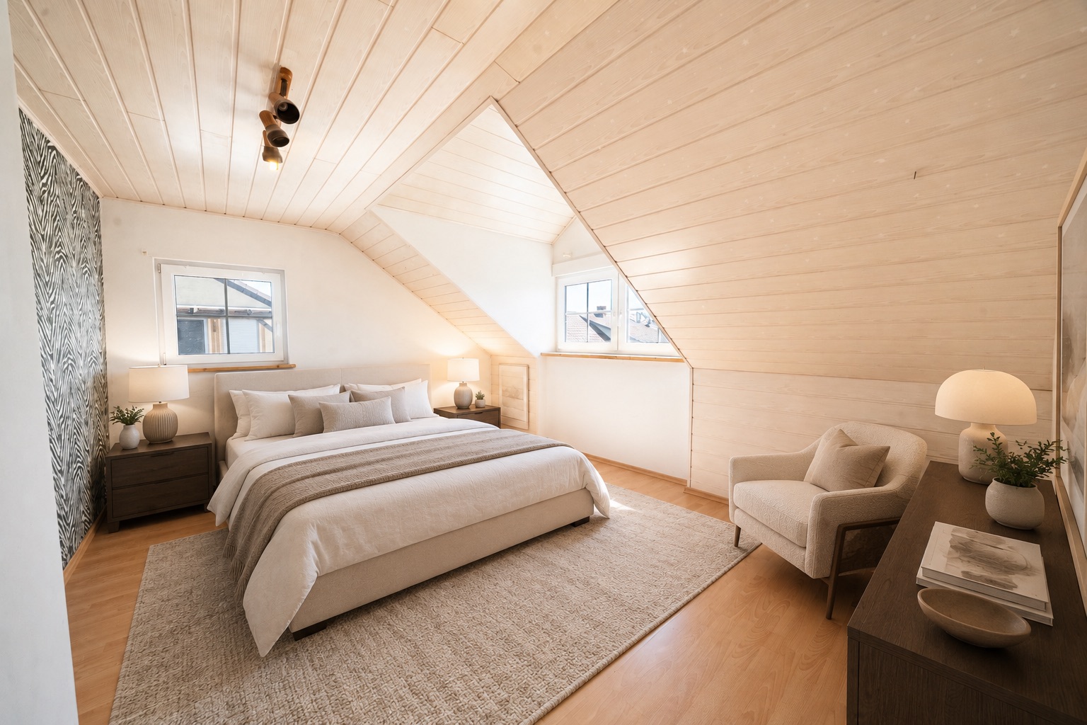 Helles Schlafzimmer mit Dachschrägen, Doppelbett, Teppich und zwei Fenstern.