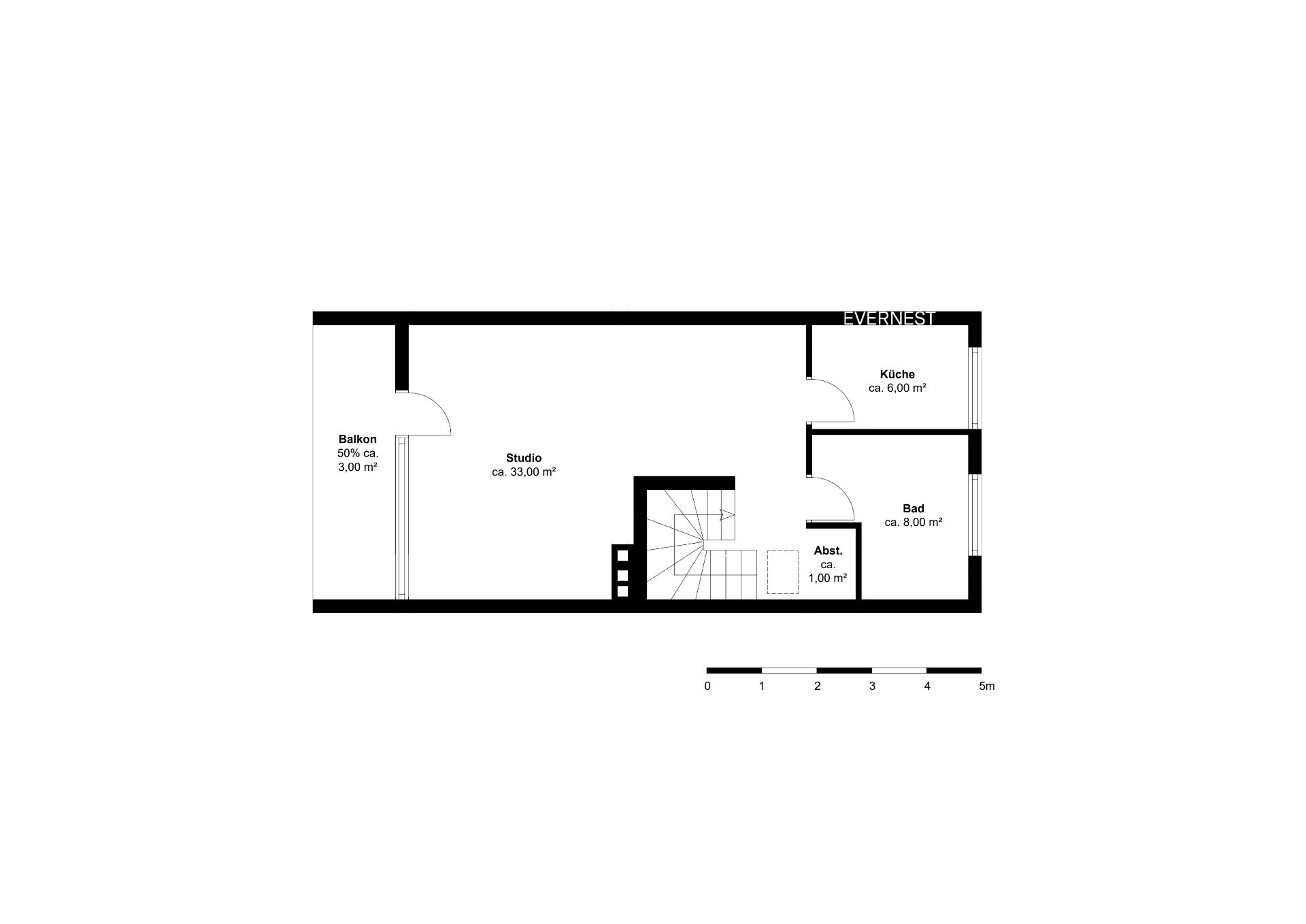 Grundriss mit Studio, Küche, Bad, Abstellraum, Balkon und Treppenhaus.
