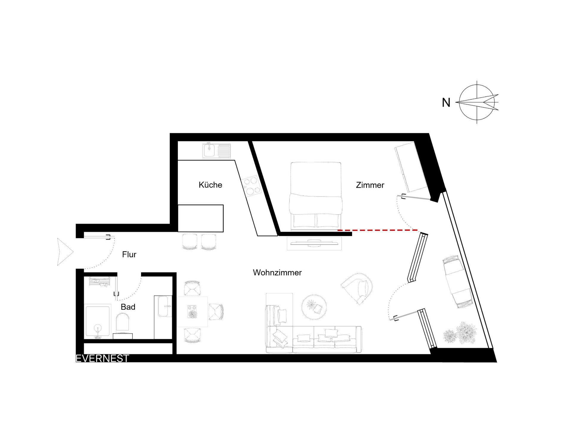 Wohnungsgrundriss mit Wohnzimmer, Küche, Bad, Flur und einem Zimmer.