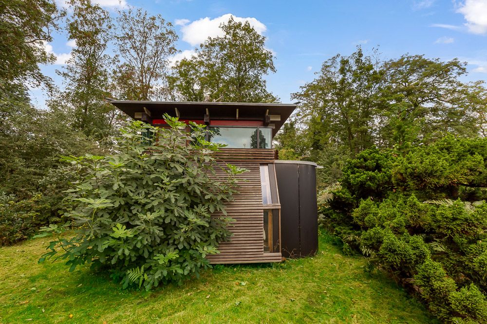 Kleines modernes Haus mit Holzverkleidung, umgeben von Bäumen und Sträuchern.