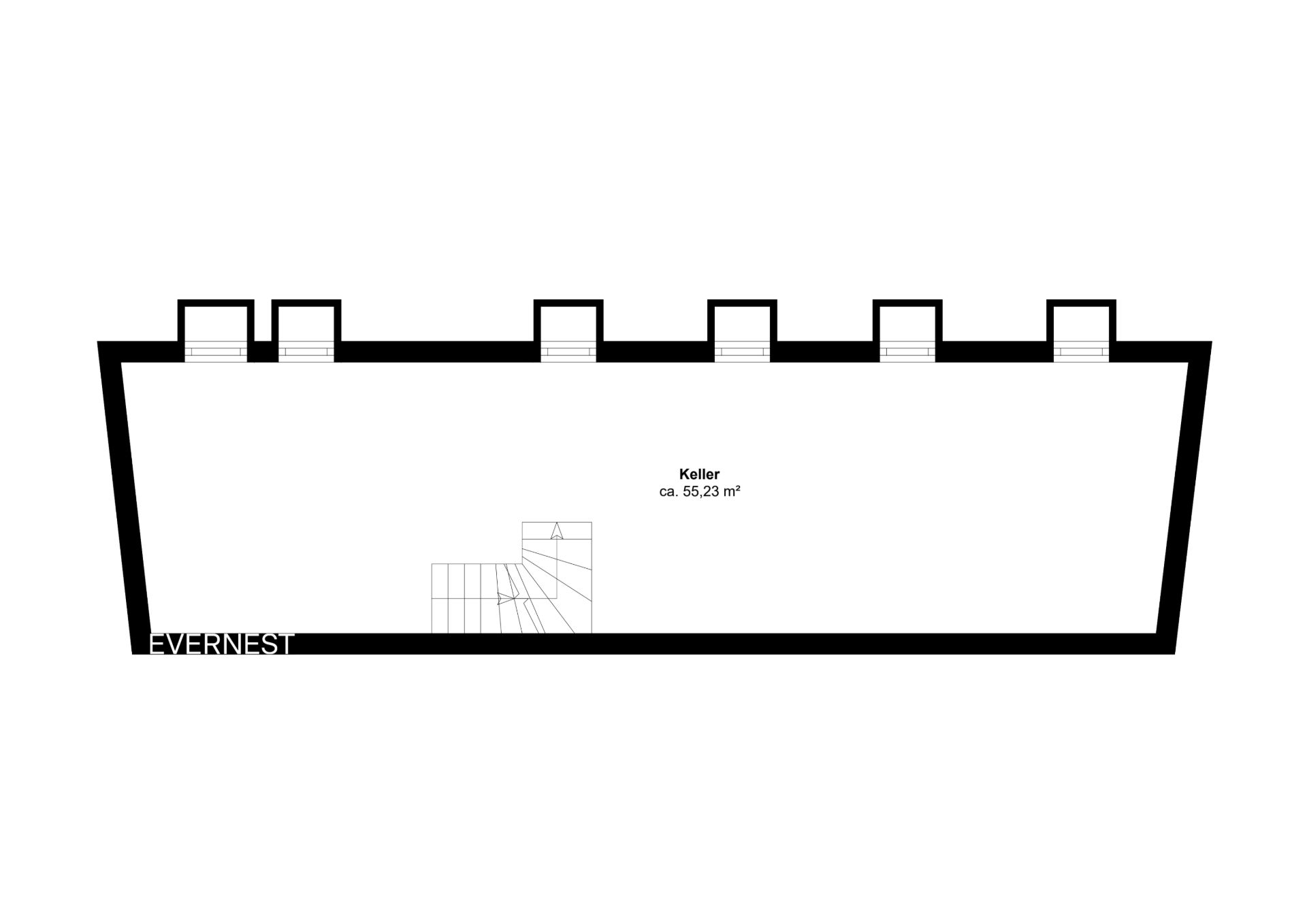Grundriss eines Kellers mit Treppe, etwa 55 Quadratmeter groß.