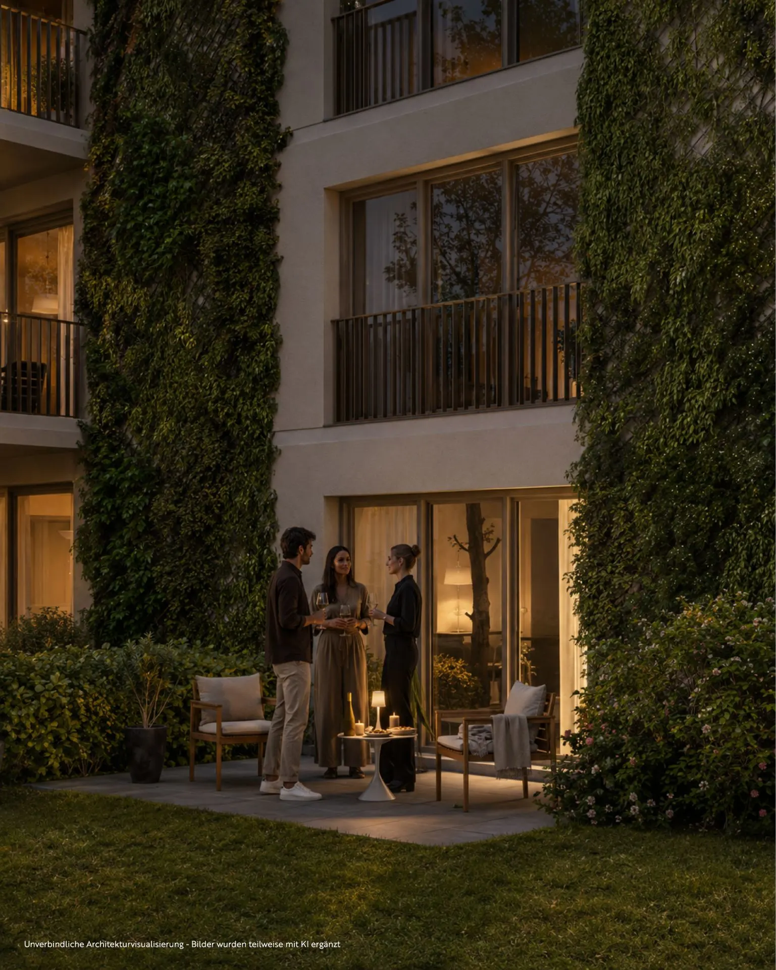 Drei Personen unterhalten sich auf einer Terrasse vor einem modernen Wohnhaus mit bepflanzter Fassade.