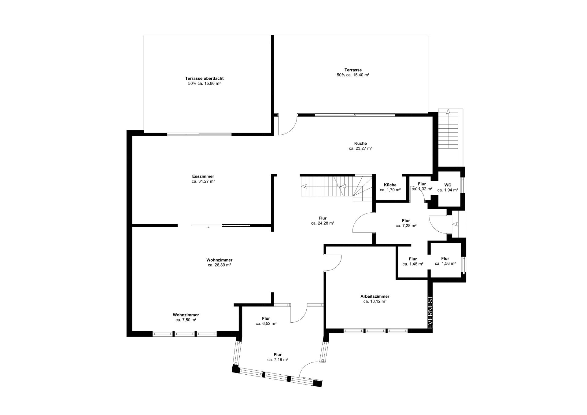 Grundriss eines Wohnhauses mit Wohnzimmer, Esszimmer, Küche, Arbeitszimmer und Terrasse.