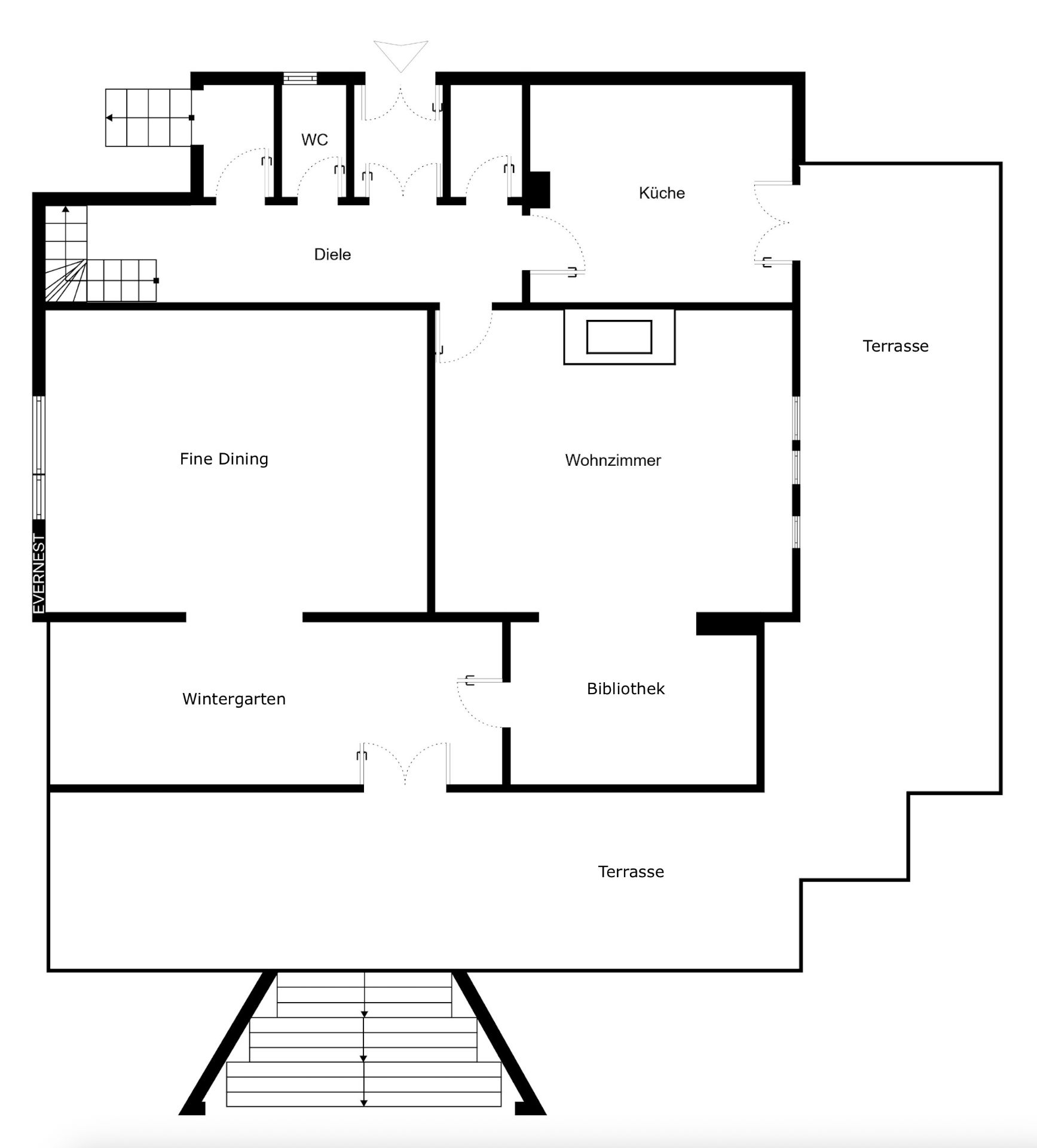 Grundriss eines Hauses mit Küche, Wohnzimmer, Esszimmer, Wintergarten, Bibliothek und zwei Terrassen.