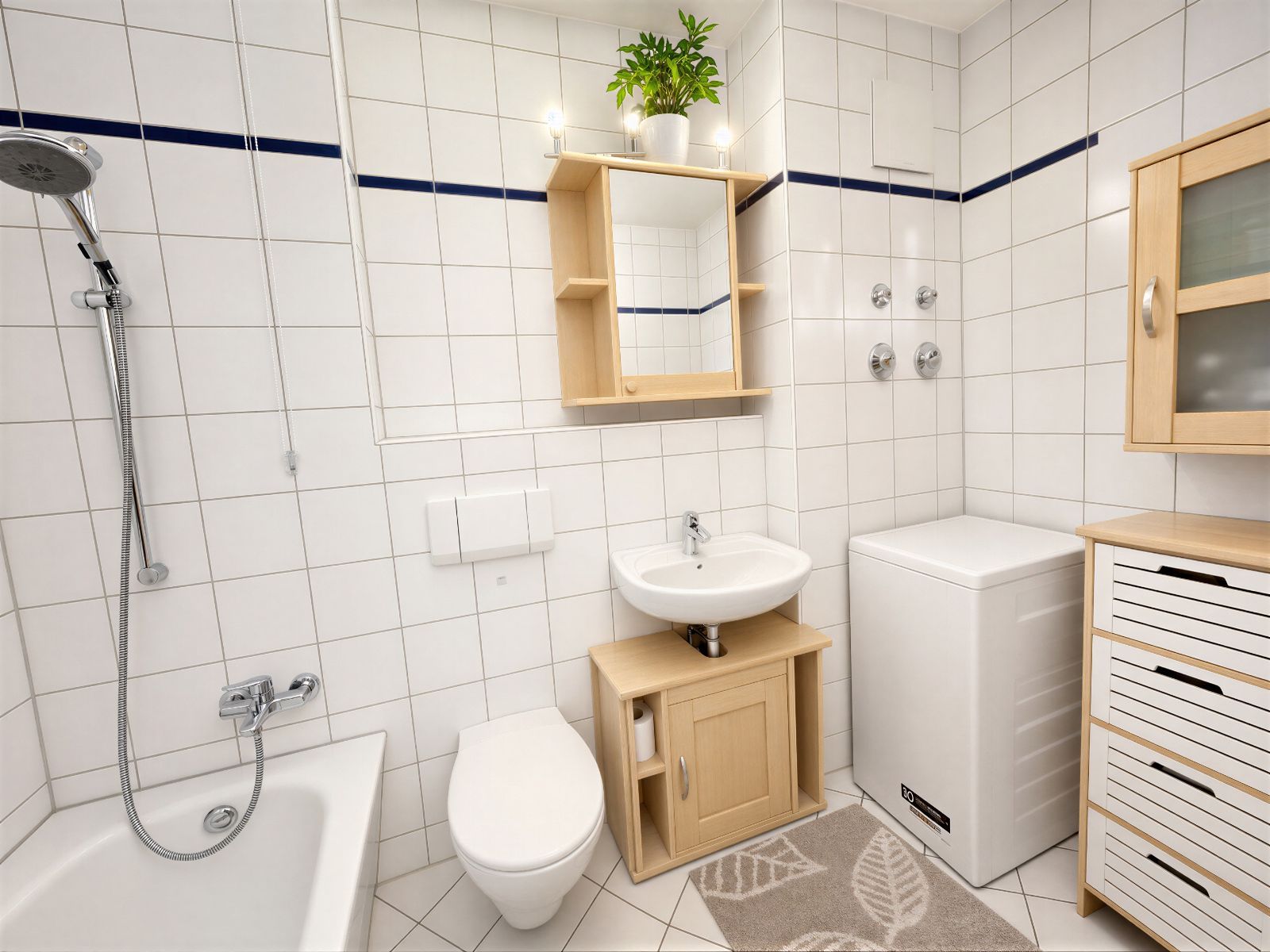 Helles Badezimmer mit Badewanne, Waschbecken, Toilette, Waschmaschine und Holzregalen.