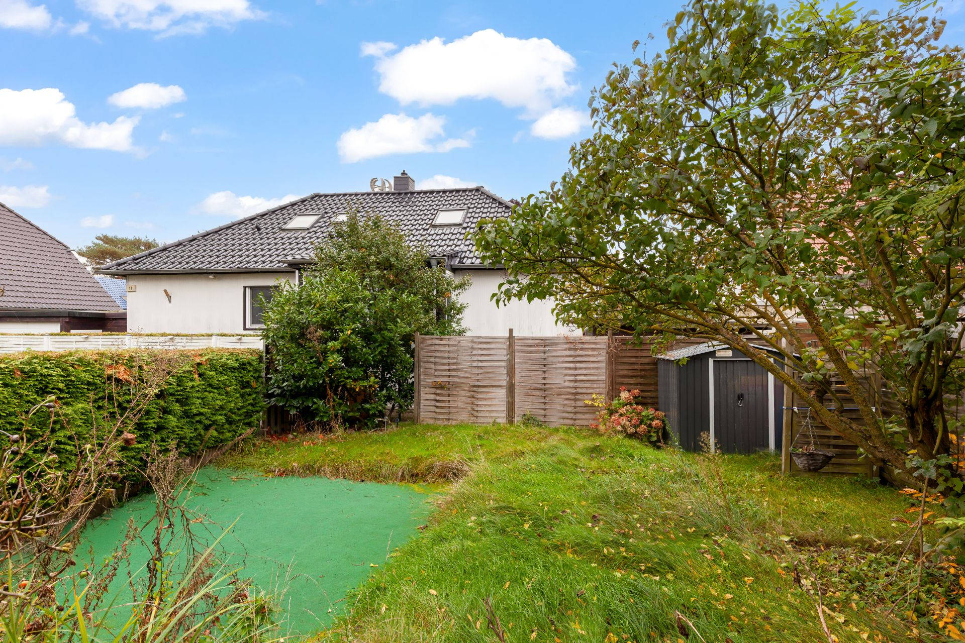 Garten mit grünem Bereich, Bäumen, Holzzaun und Blick auf ein Wohnhaus.