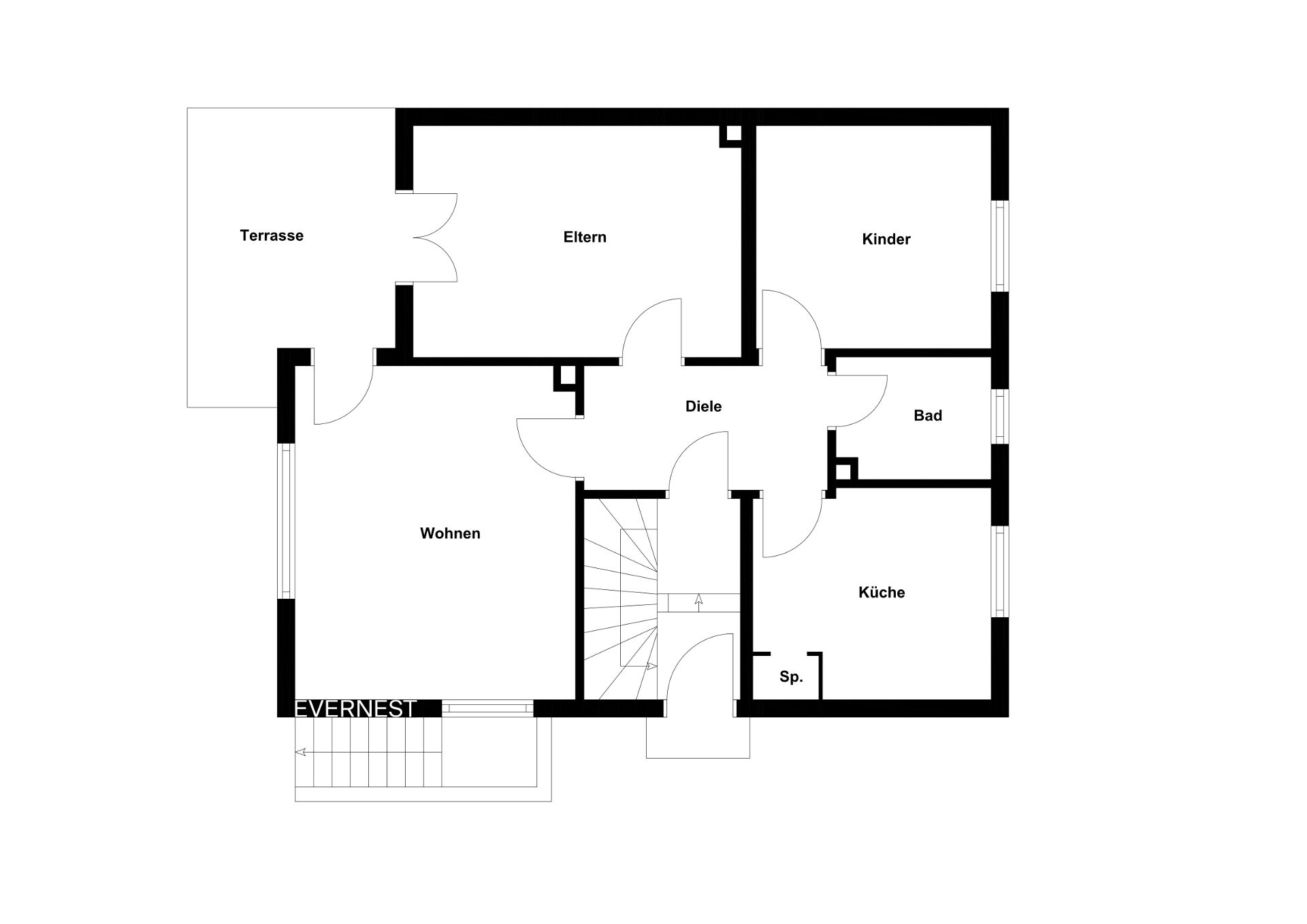 Grundriss einer Wohnung mit Terrasse, Wohnzimmer, Elternzimmer, Kinderzimmer, Bad und Küche.