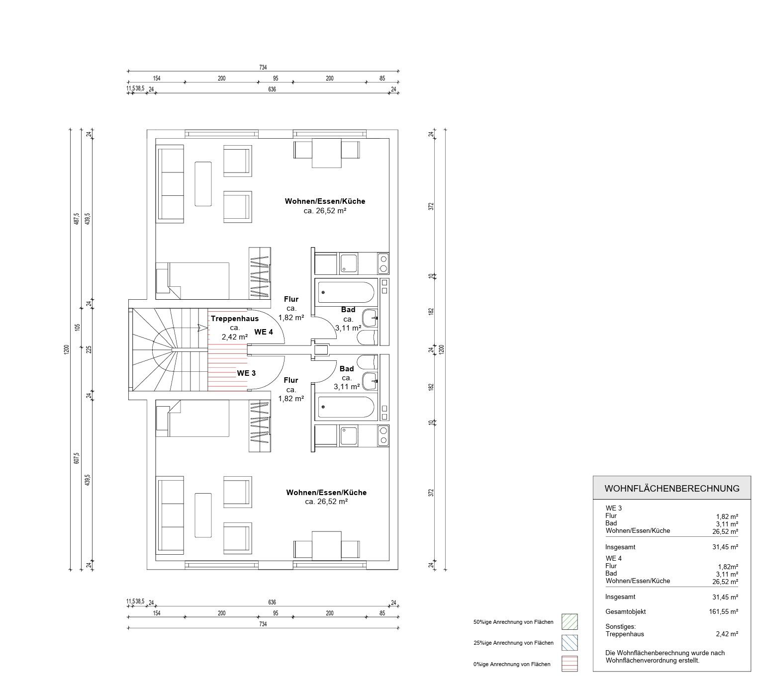 Grundriss einer Etage mit zwei Wohnungen, je mit Wohnbereich, Küche und Bad.