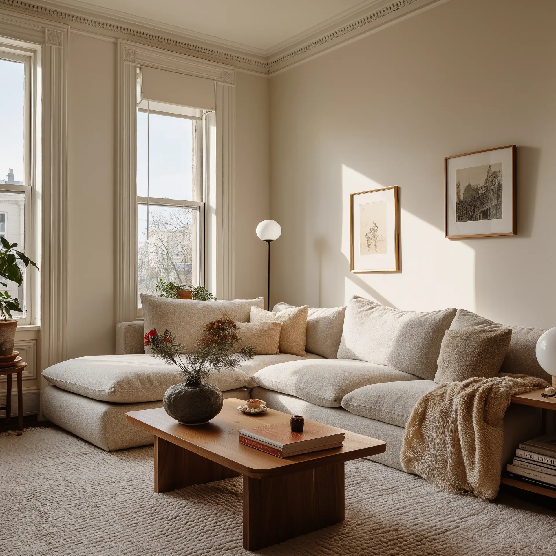 Helles Wohnzimmer mit großem beigem Sofa, Holztisch, Stehlampe und Bildern an der Wand.