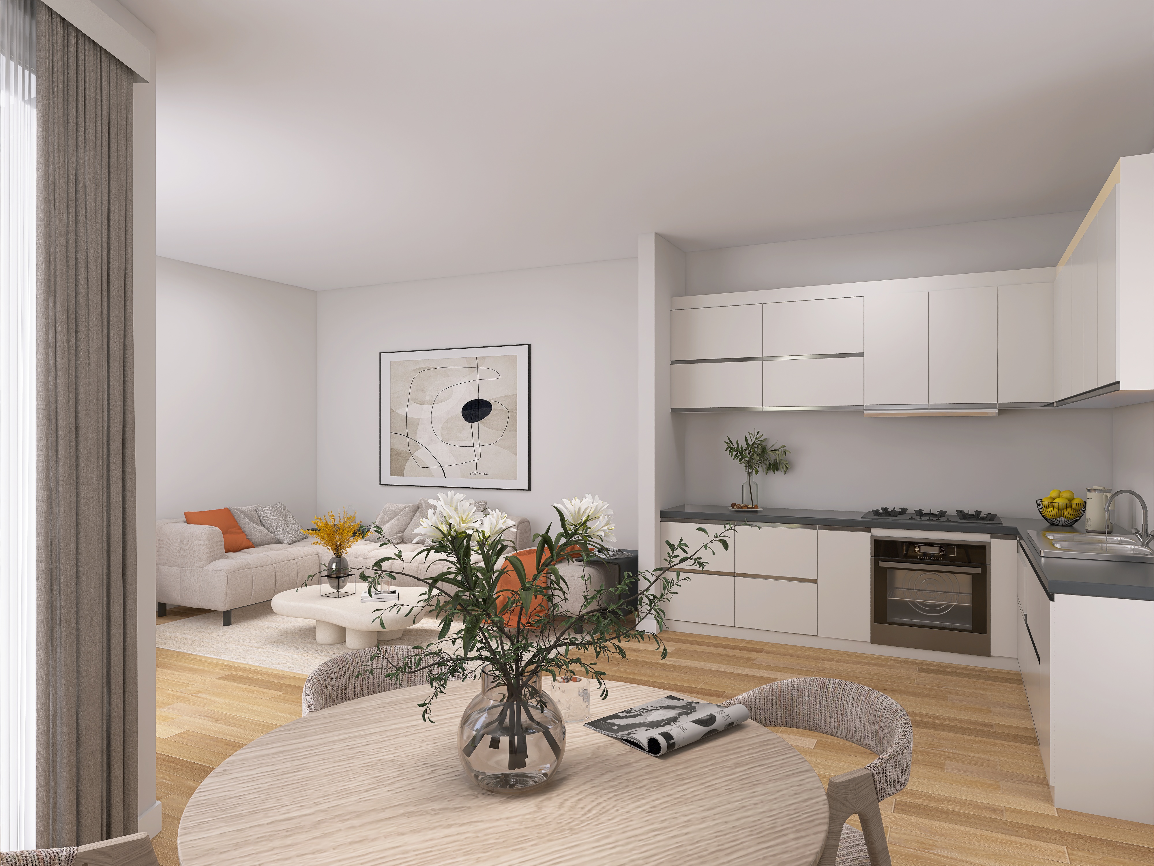 Helles Wohnzimmer mit offener Küche, Esstisch, Sofa und moderner Dekoration.