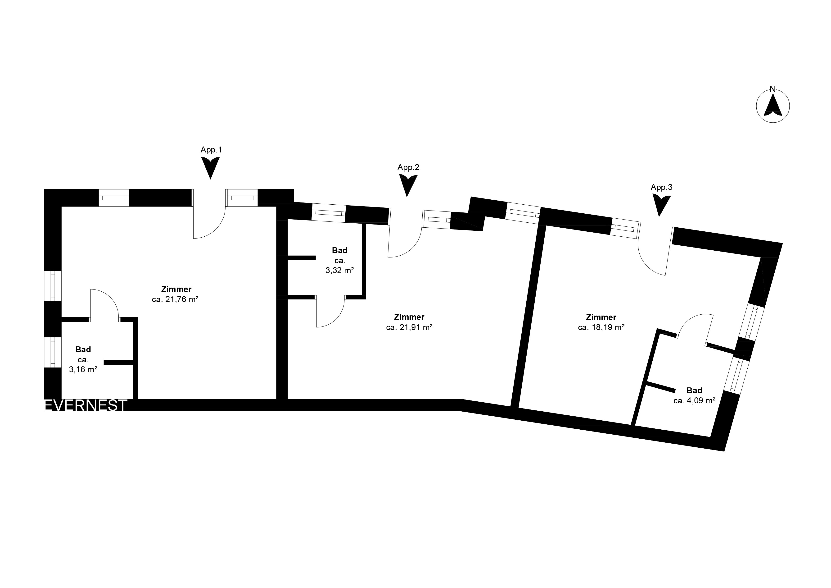Grundriss mit drei Zimmern und drei Bädern, jeweils mit separatem Eingang.