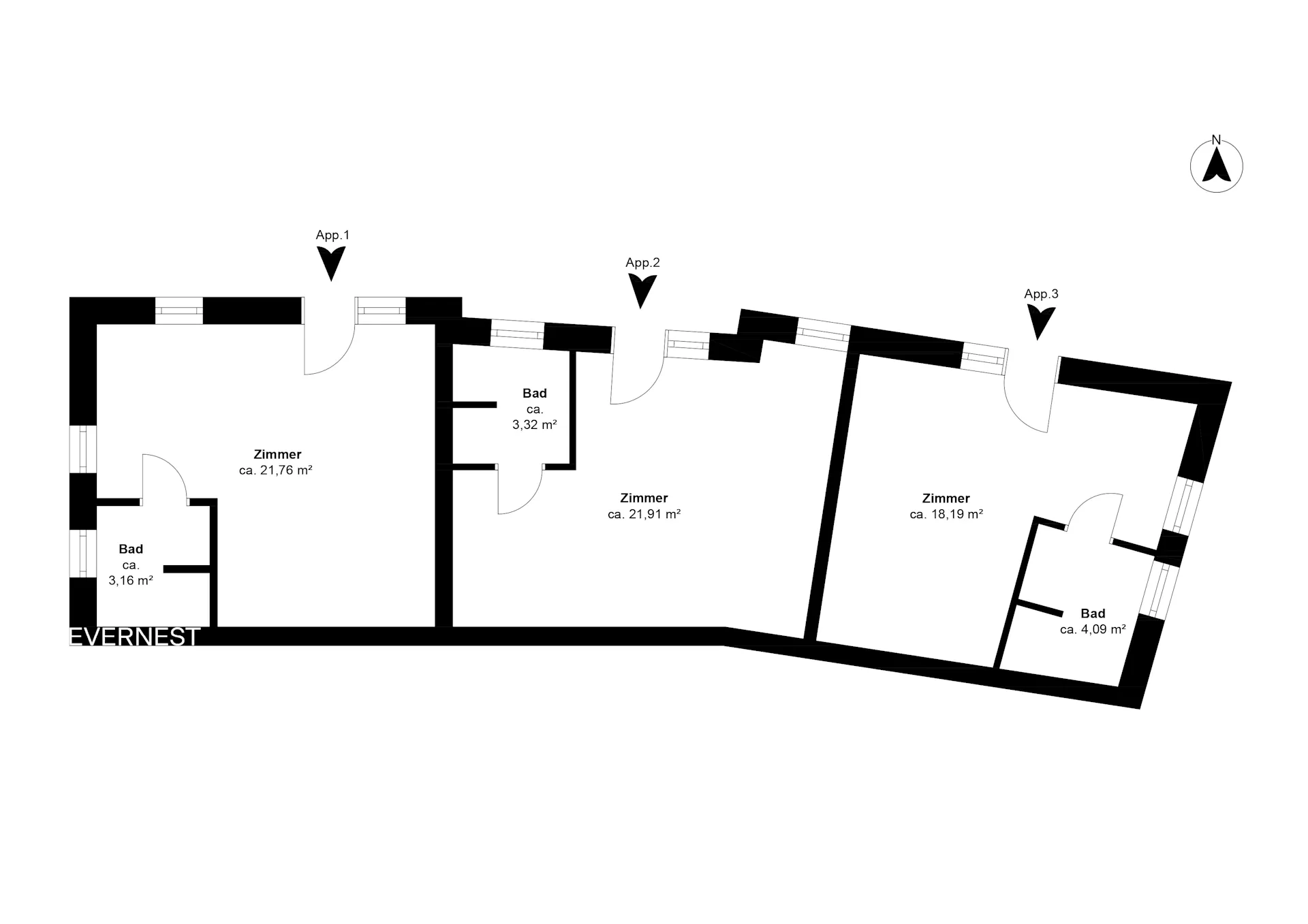 Grundriss mit drei Zimmern und drei Bädern, jeweils mit separatem Eingang.