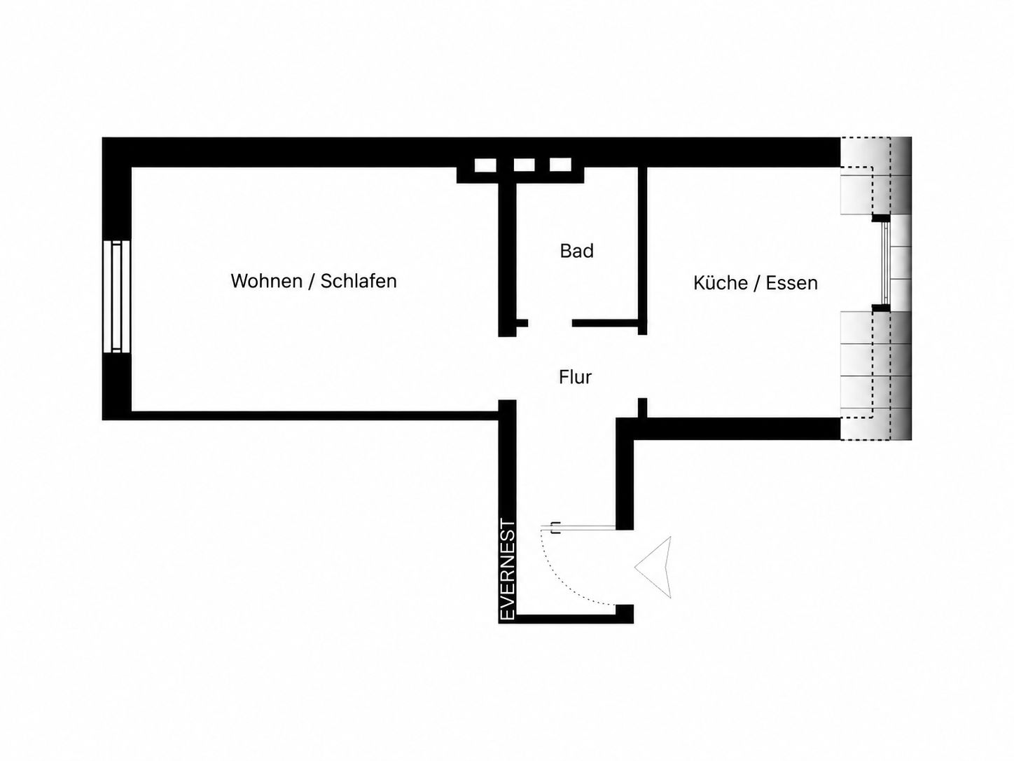 Grundriss einer Wohnung mit Wohn-/Schlafraum, Bad, Küche/Essen und Flur.