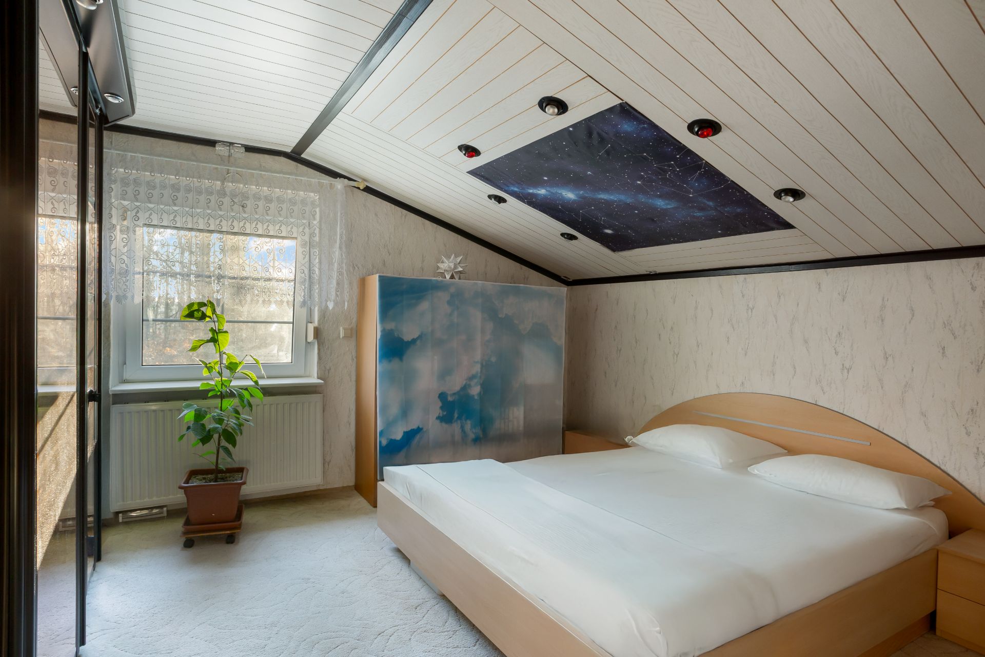 Schlafzimmer mit Doppelbett, Fenster, Pflanze und Schrank. Decke mit Sternenhimmelmotiv.