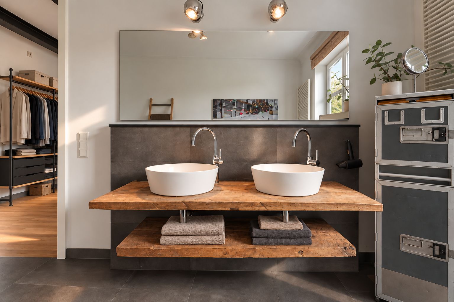 Modernes Badezimmer mit zwei runden Waschbecken auf Holzplatte und großem Spiegel.