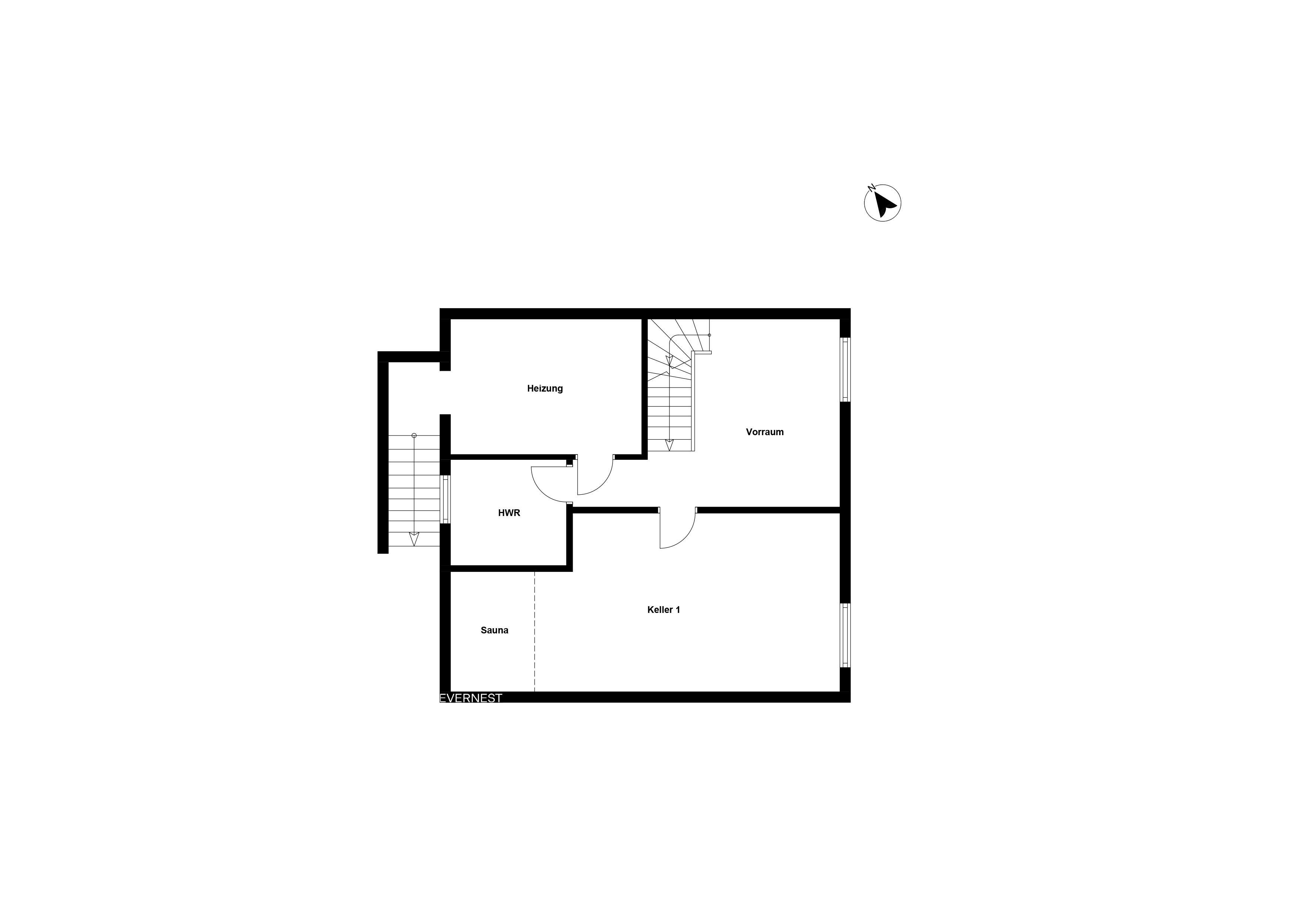 Grundriss eines Kellers mit Vorräumen, Kellerraum, HWR, Heizung und Sauna.