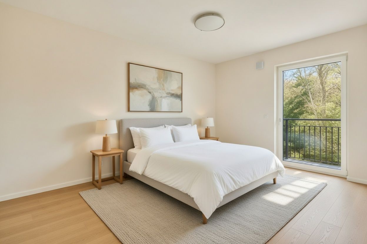 Helles Schlafzimmer mit Doppelbett, zwei Nachttischen, Lampen, großem Fenster und Wandbild.