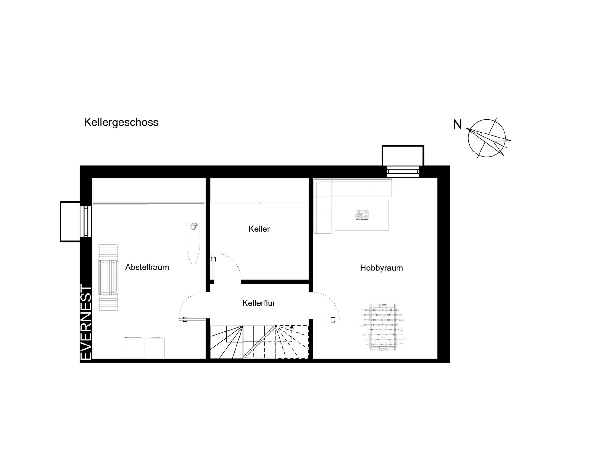Grundriss des Kellergeschosses mit Abstellraum, Keller, Hobbyraum und Flur.