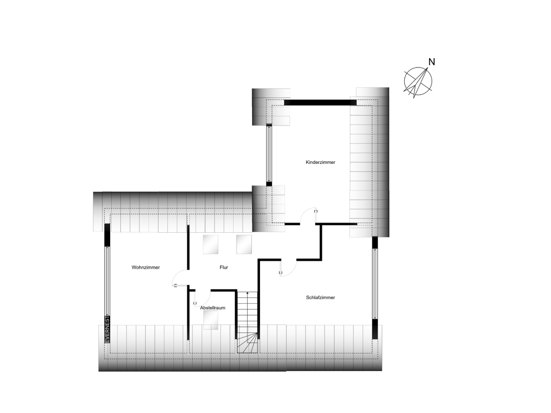 Grundriss mit Wohnzimmer, Schlafzimmer, Kinderzimmer, Flur und Abstellraum.