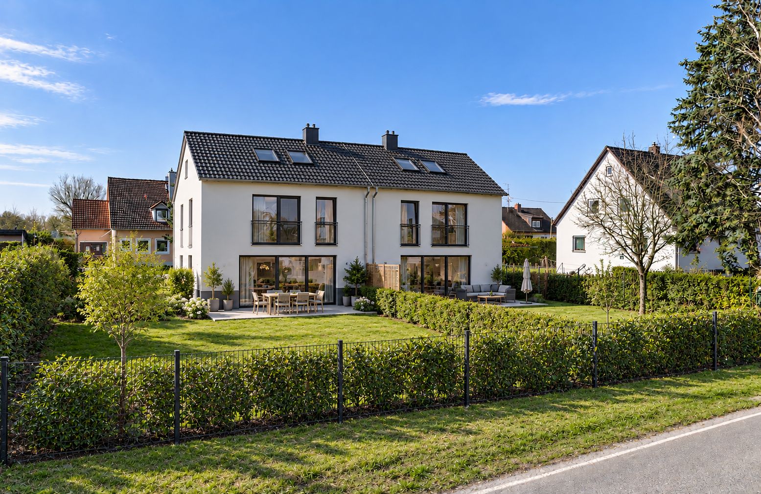 Neues, weißes Doppelhaus mit Terrassen, Garten und Sitzbereich, umgeben von Hecken und Bäumen.