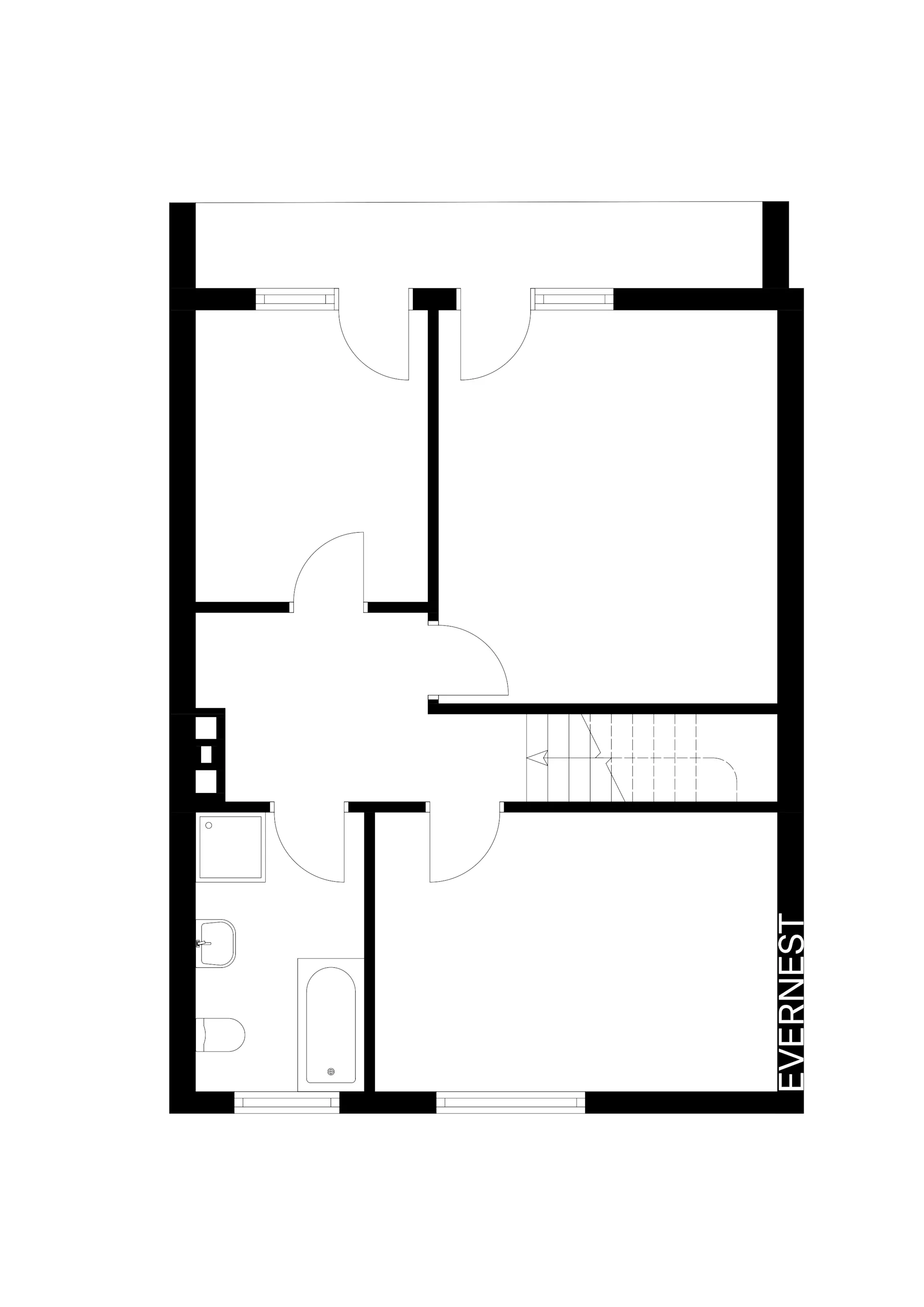 Grundriss mit mehreren Zimmern, Bad mit Wanne, Toilette und Treppenaufgang.