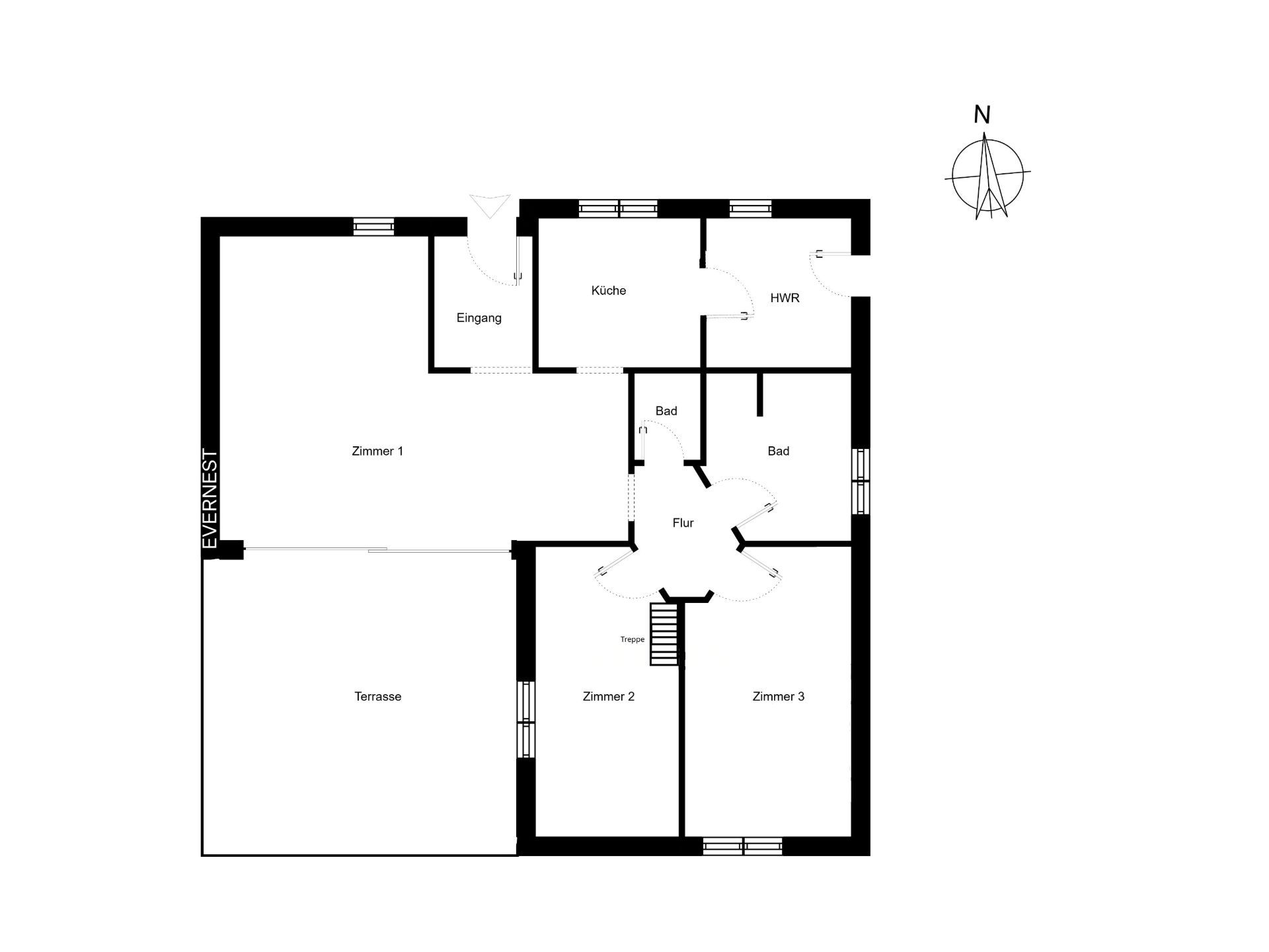 Grundriss mit drei Zimmern, Küche, zwei Bädern, Flur, Terrasse und Hauswirtschaftsraum.