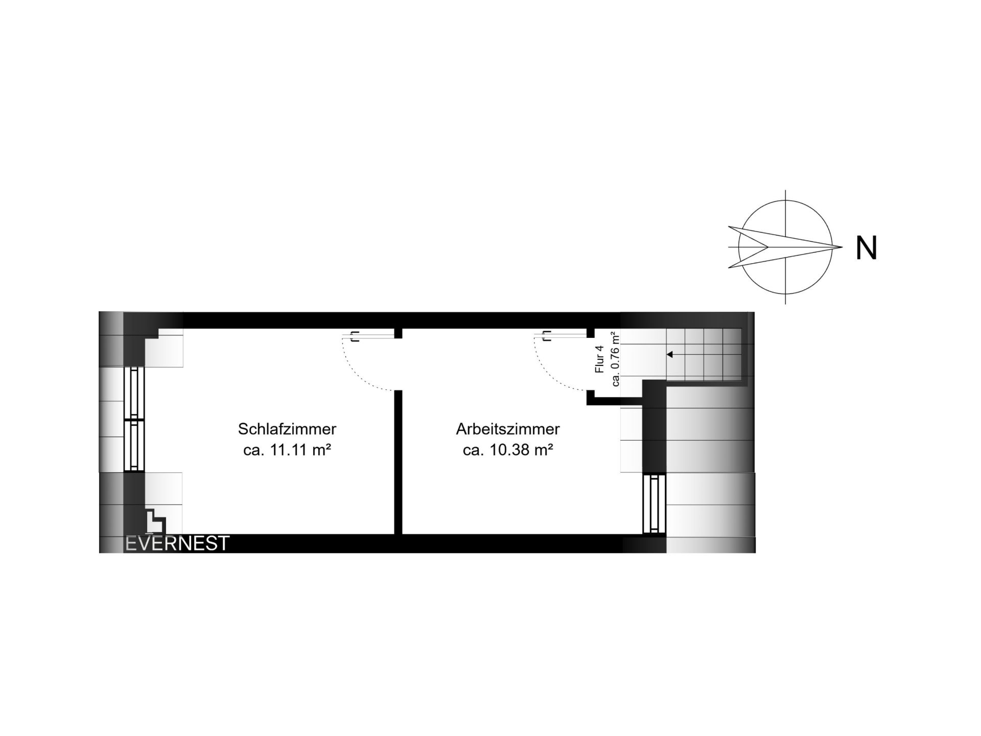 Grundriss mit Schlafzimmer, Arbeitszimmer und Flur, jeweils mit Flächenangabe in Quadratmetern.