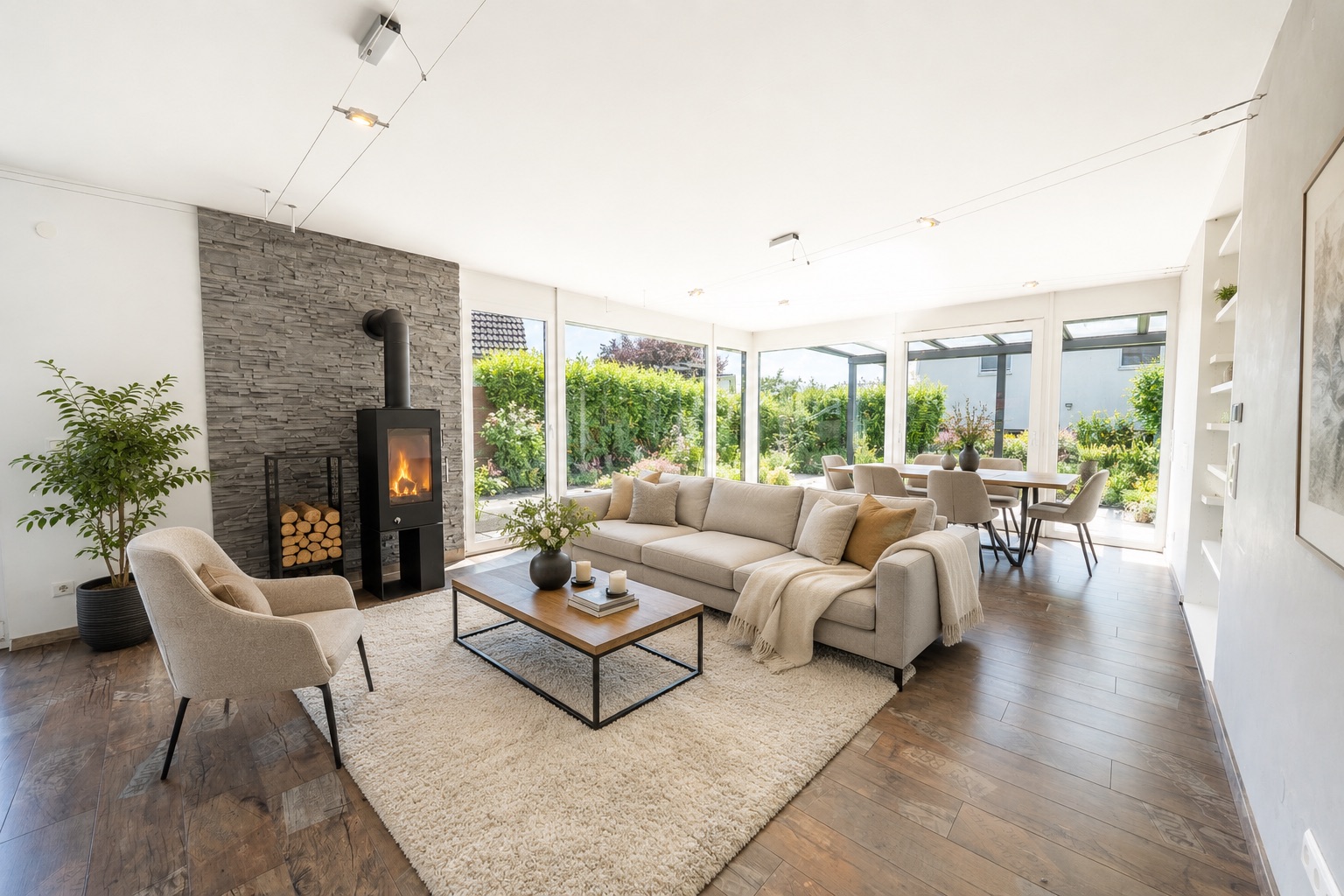 Modernes Wohnzimmer mit Kamin, Sofa, Sessel und großem Fensterblick auf den Garten.