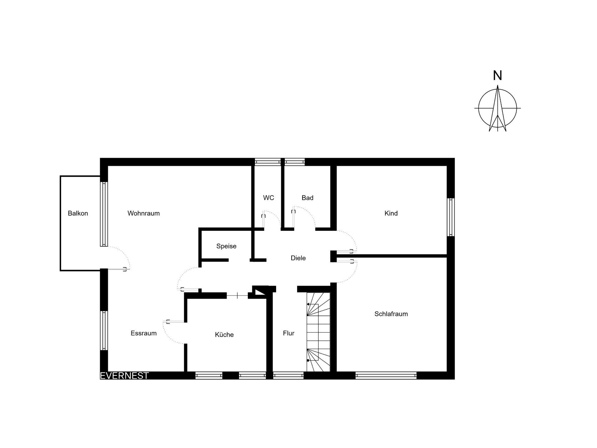Grundriss eines Wohnhauses mit Balkon, Wohnzimmer, Essraum, Küche, Schlafzimmer und Kinderzimmer.