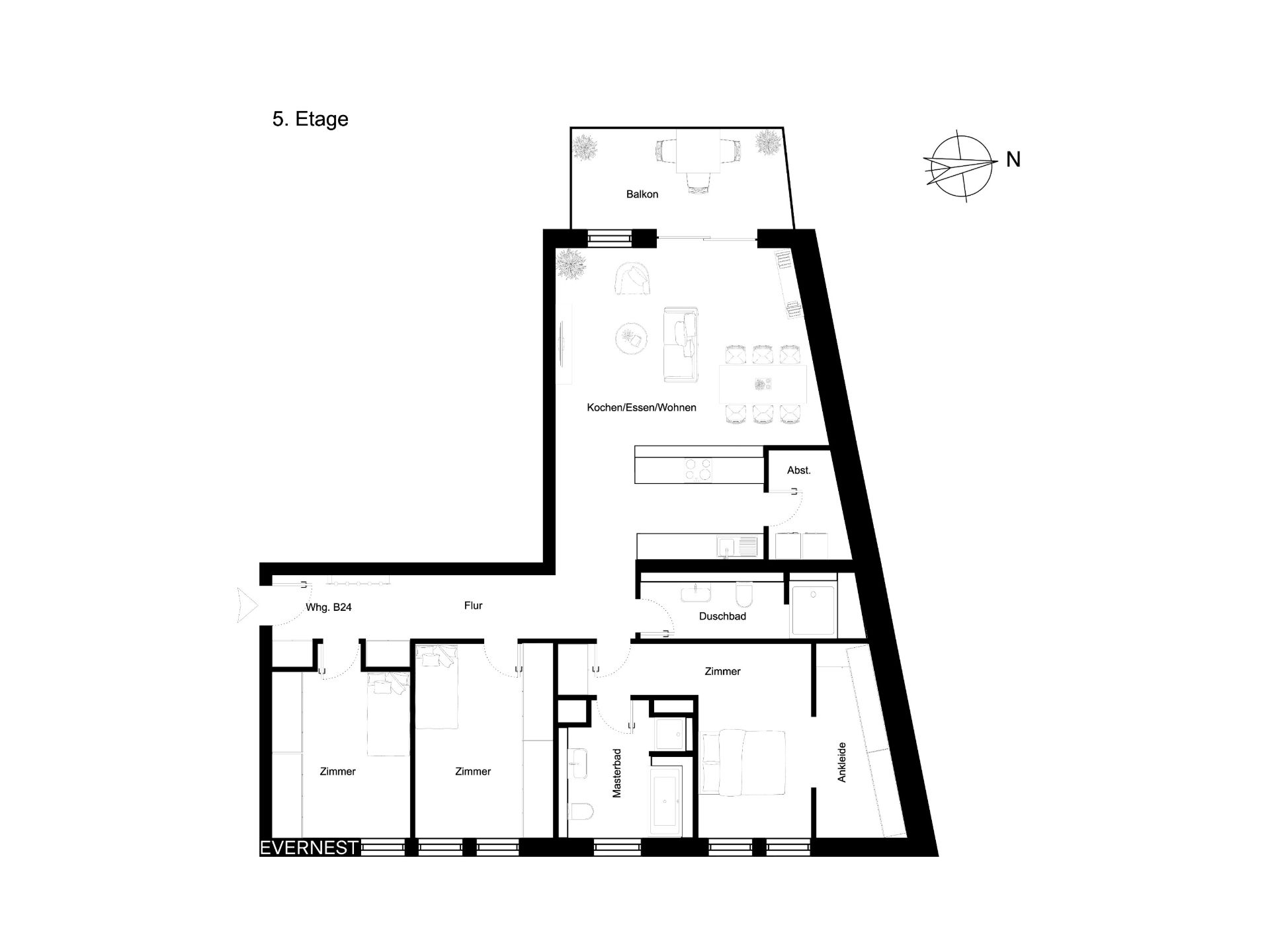 Grundriss einer Wohnung mit Balkon, mehreren Zimmern, Küche, Bad und Abstellraum.