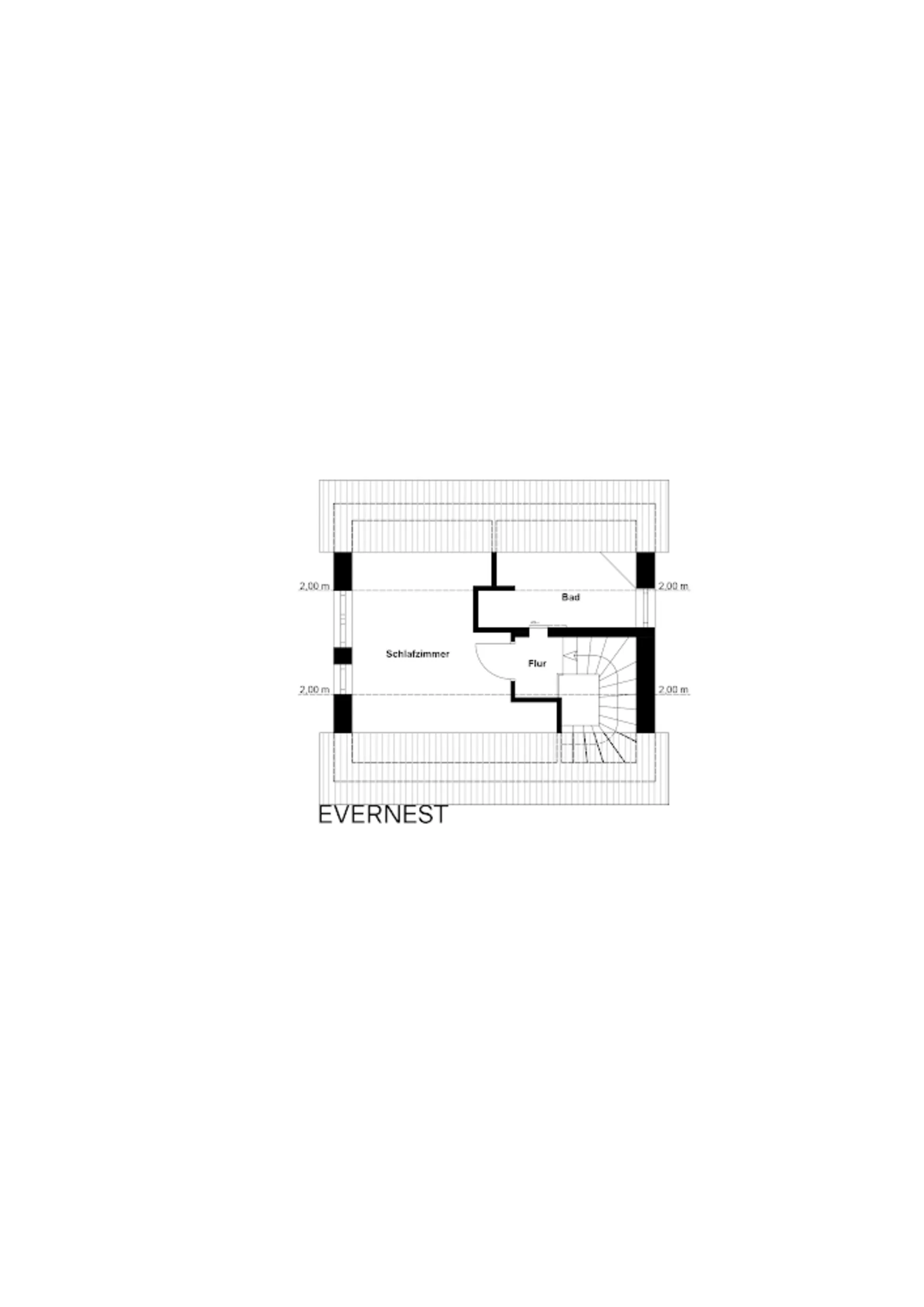 Grundriss zeigt Schlafzimmer, Bad und Flur mit Treppe.