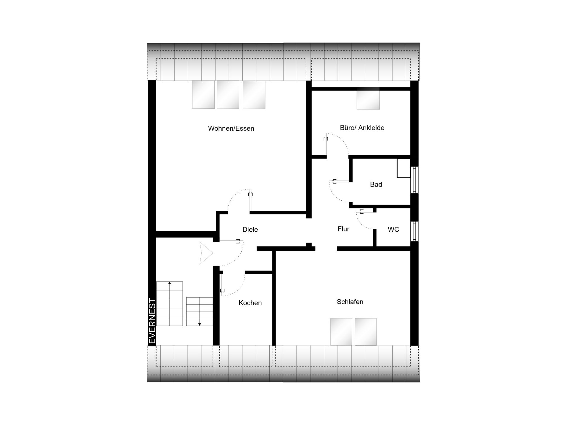 Grundriss mit Wohn-/Esszimmer, Küche, Schlafzimmer, Bad, WC und Büro/Ankleide.