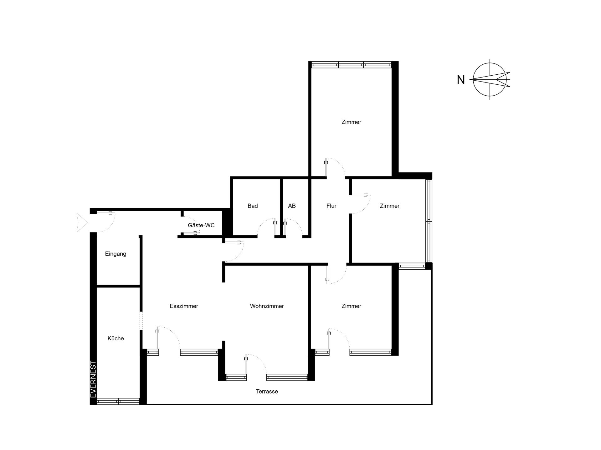 Grundriss einer Wohnung mit Küche, Esszimmer, Wohnzimmer, drei Zimmern und Terrasse.