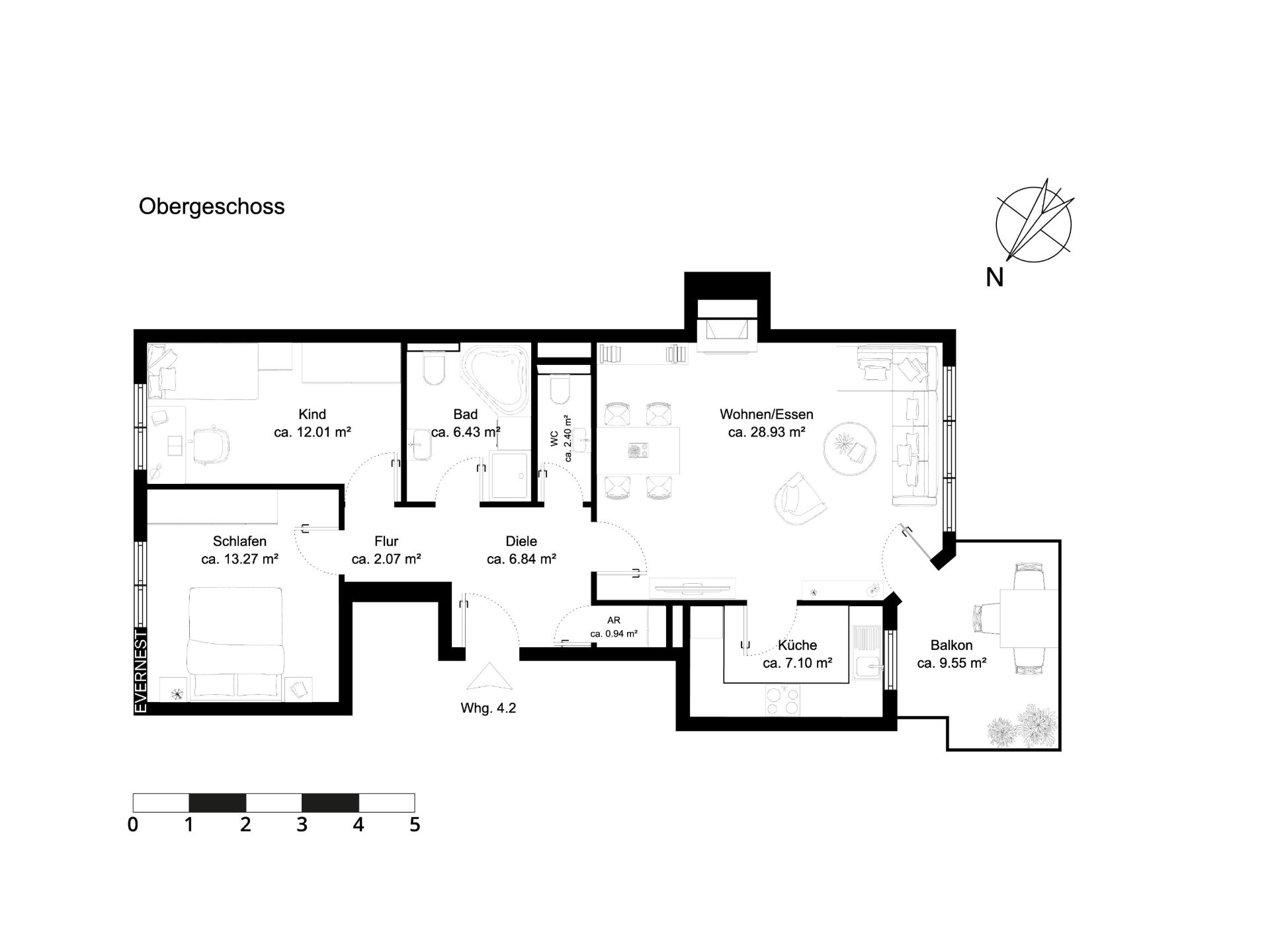 Grundriss einer Wohnung mit Schlafzimmer, Kinderzimmer, Bad, Küche, Wohnzimmer und Balkon.