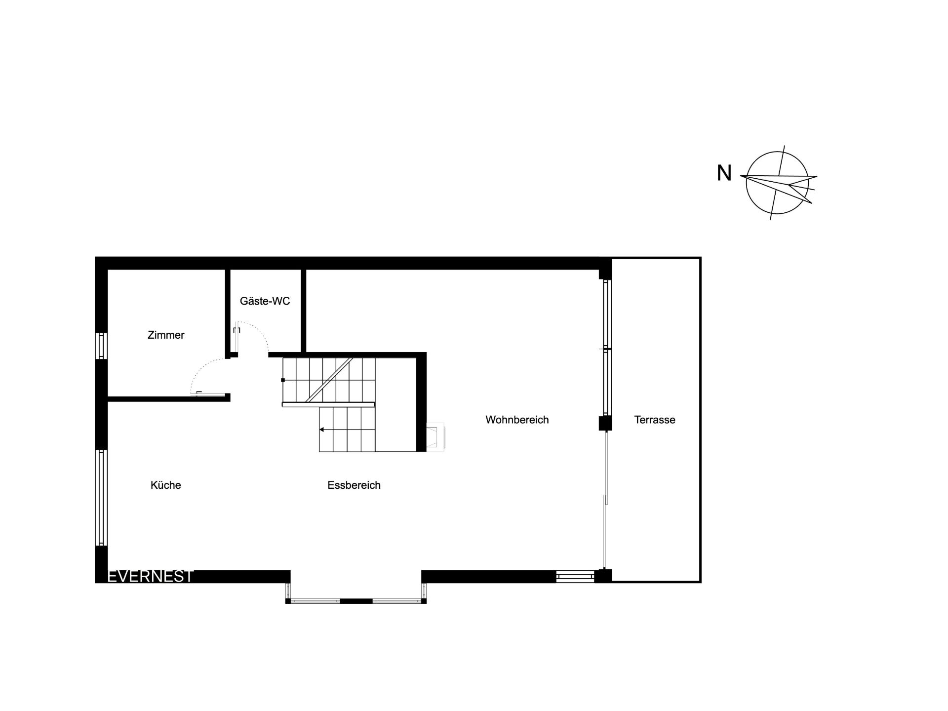 Grundriss zeigt Küche, Essbereich, Wohnbereich, Gäste-WC, Zimmer und Terrasse.