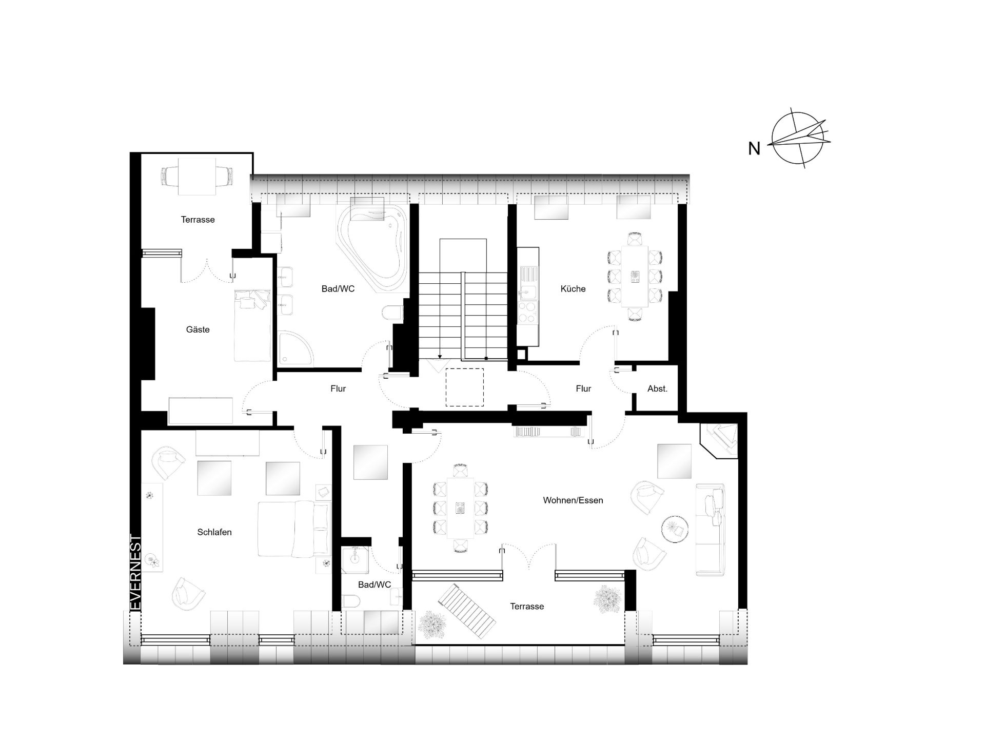 Grundriss einer Wohnung mit Schlafzimmer, Gästezimmer, Küche, Wohnzimmer, Bädern und zwei Terrassen.