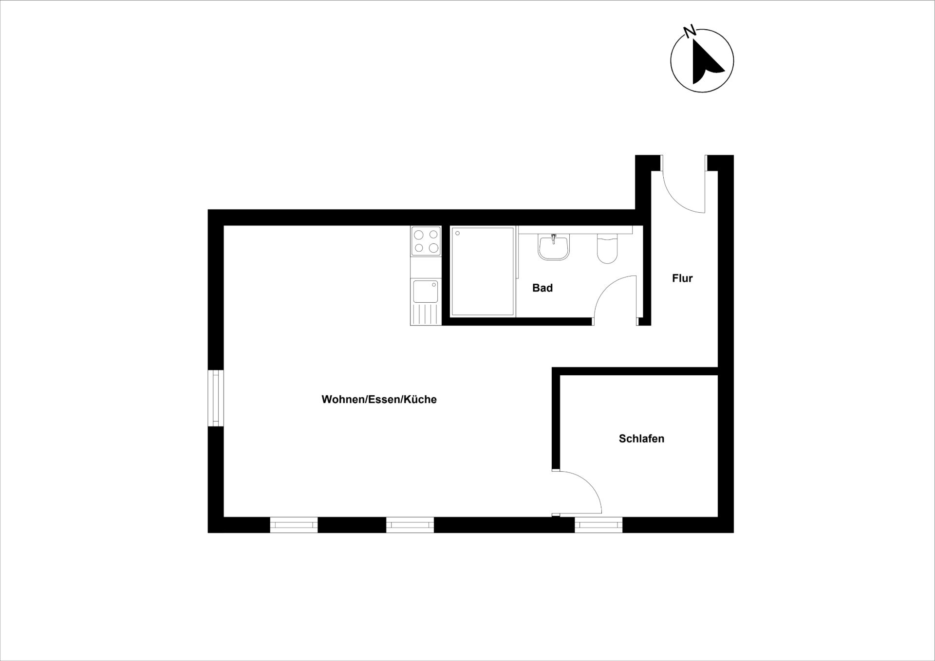 Grundriss einer Wohnung mit Wohnbereich, Bad, Schlafzimmer und Flur.