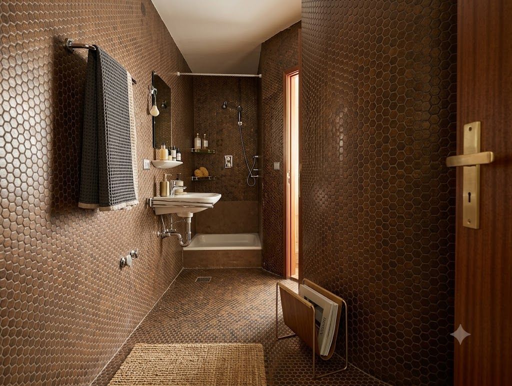 Modernes Badezimmer mit braunen Wabenfliesen, Waschbecken, Dusche und Handtuchhalter.