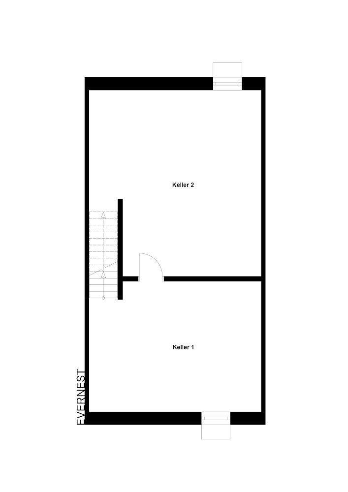Grundriss mit zwei Kellerräumen, Keller 1 und Keller 2, sowie Treppe und Tür.