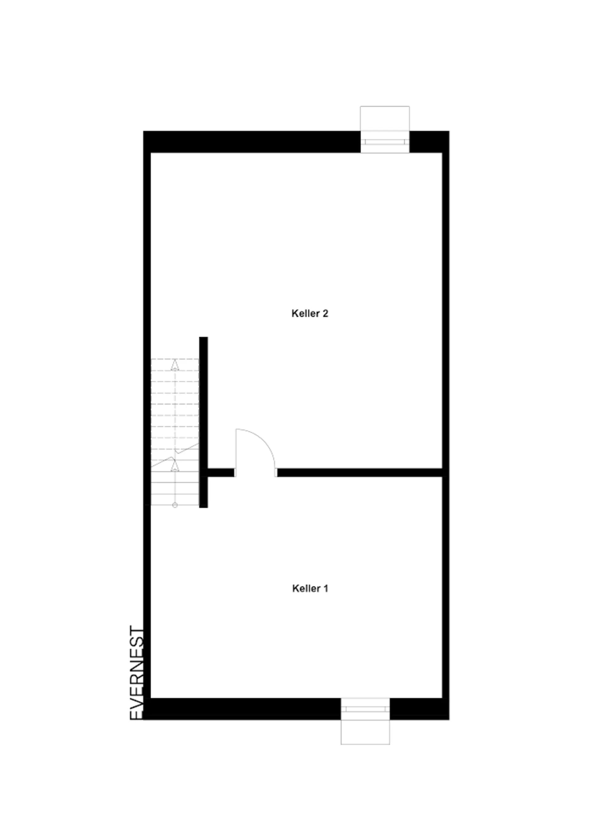 Grundriss mit zwei Kellerräumen, Keller 1 und Keller 2, sowie Treppe und Tür.