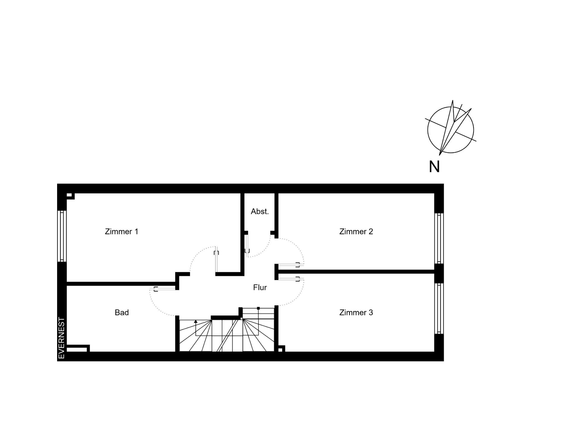 Grundriss mit drei Zimmern, Bad, Abstellraum, Flur und Treppe.