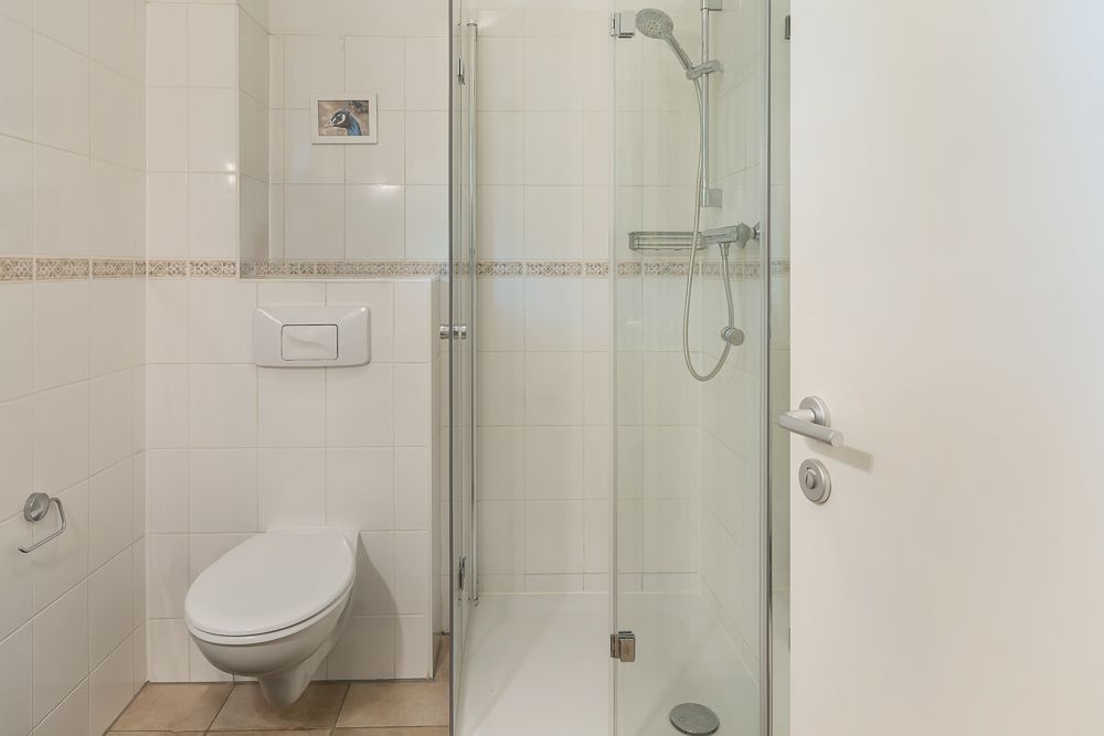 Helles Badezimmer mit Wandtoilette und verglaster Dusche.