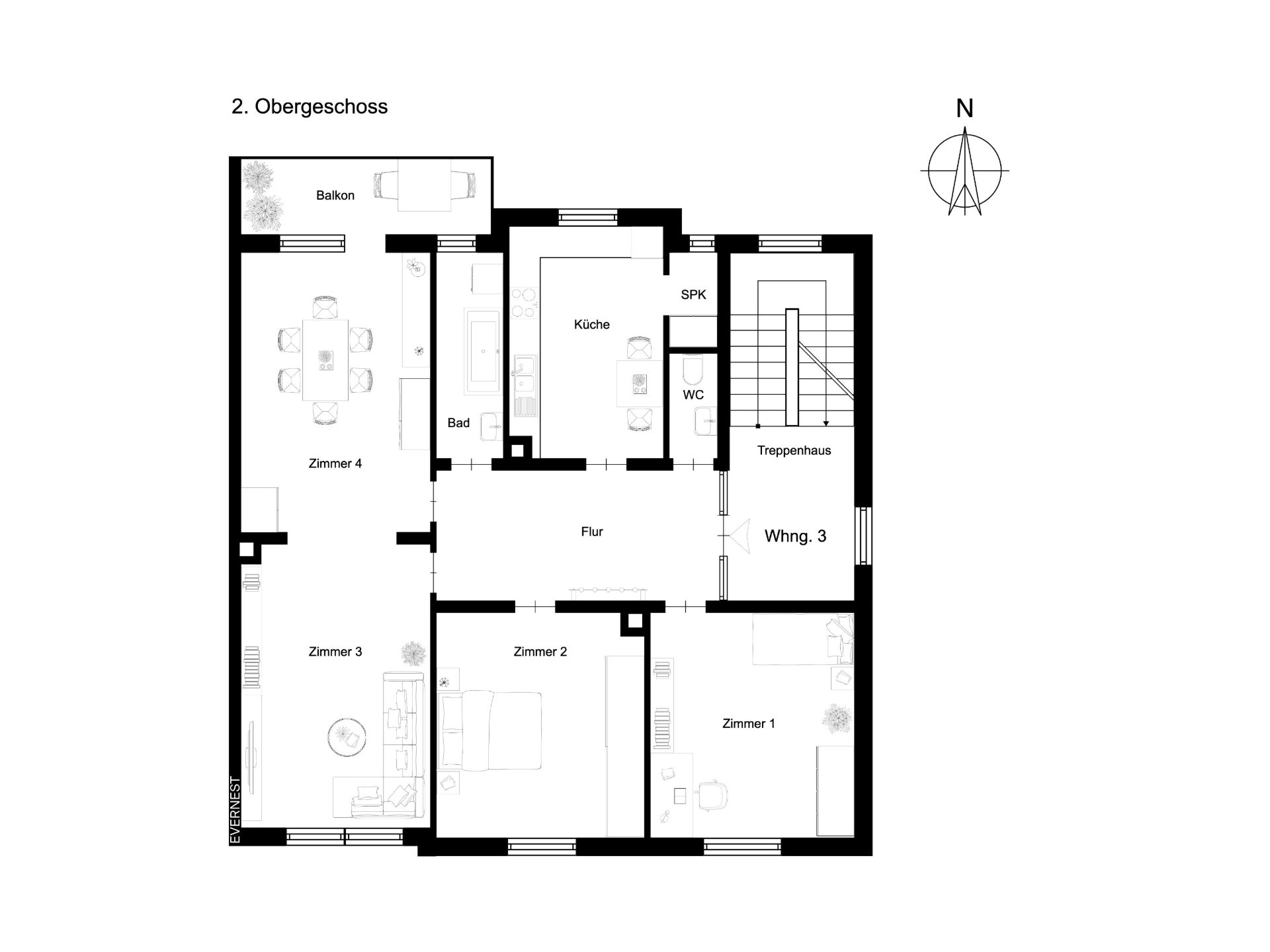Grundriss einer Wohnung mit vier Zimmern, Küche, Bad, WC, Flur und Balkon.