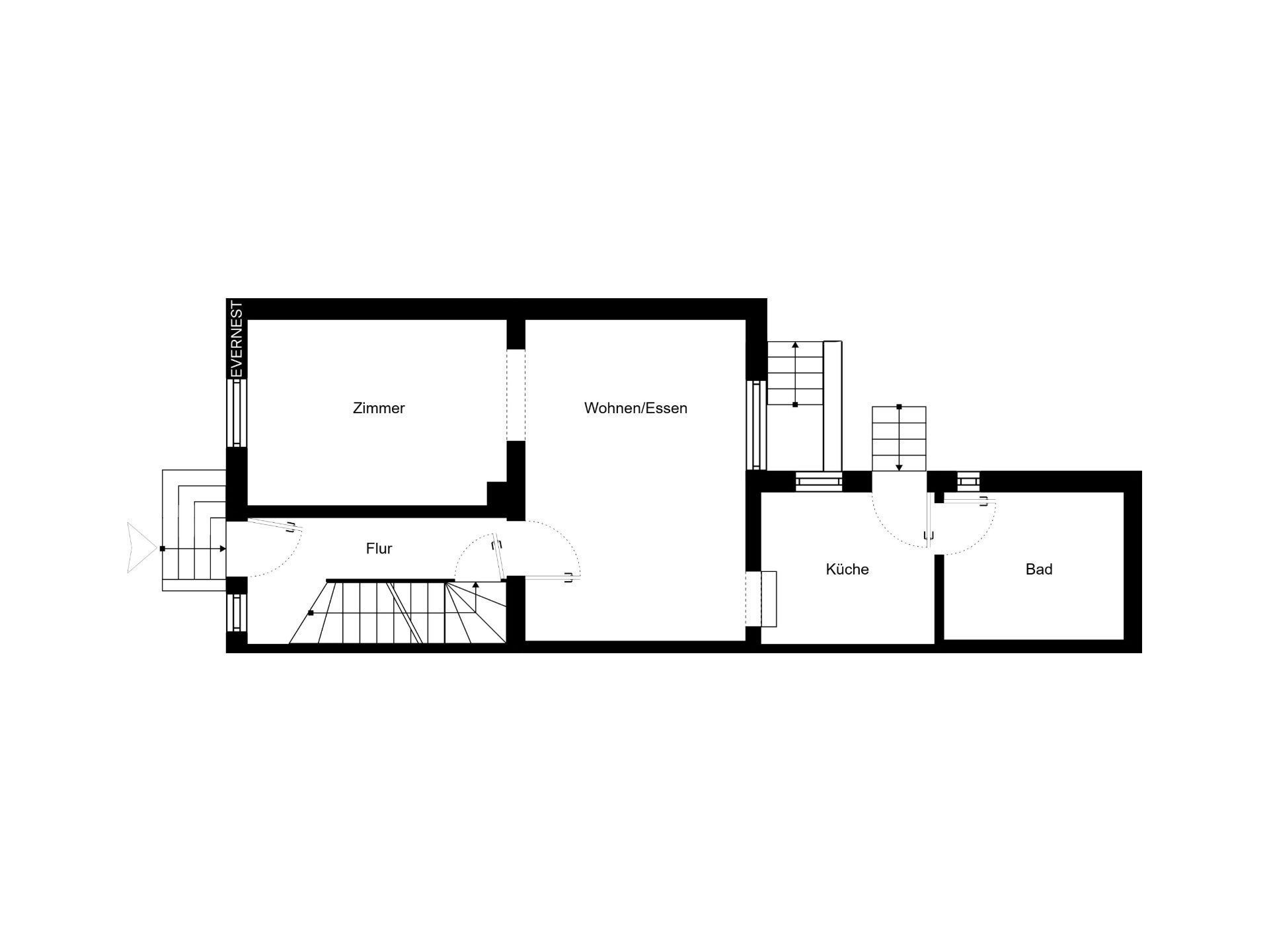 Grundriss einer Wohnung mit Zimmer, Wohnen/Essen, Küche, Bad und Flur.