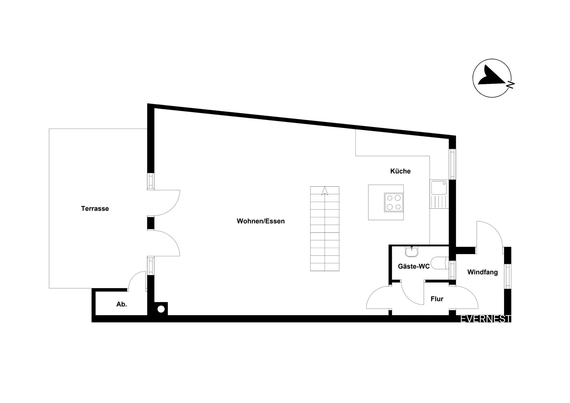 Grundriss mit Terrasse, Wohn-/Essbereich, Küche, Gäste-WC, Flur und Windfang.