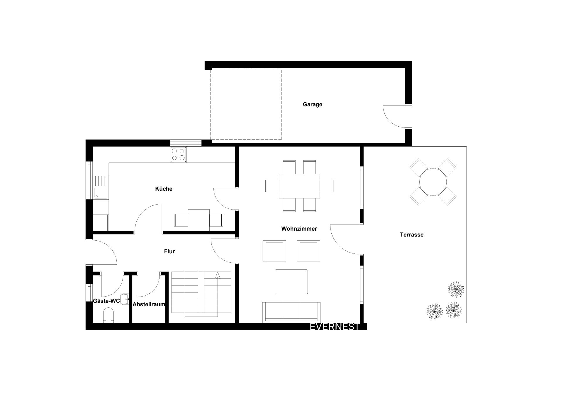 Grundriss mit Küche, Wohnzimmer, Garage, Terrasse, Gäste-WC und Abstellraum.